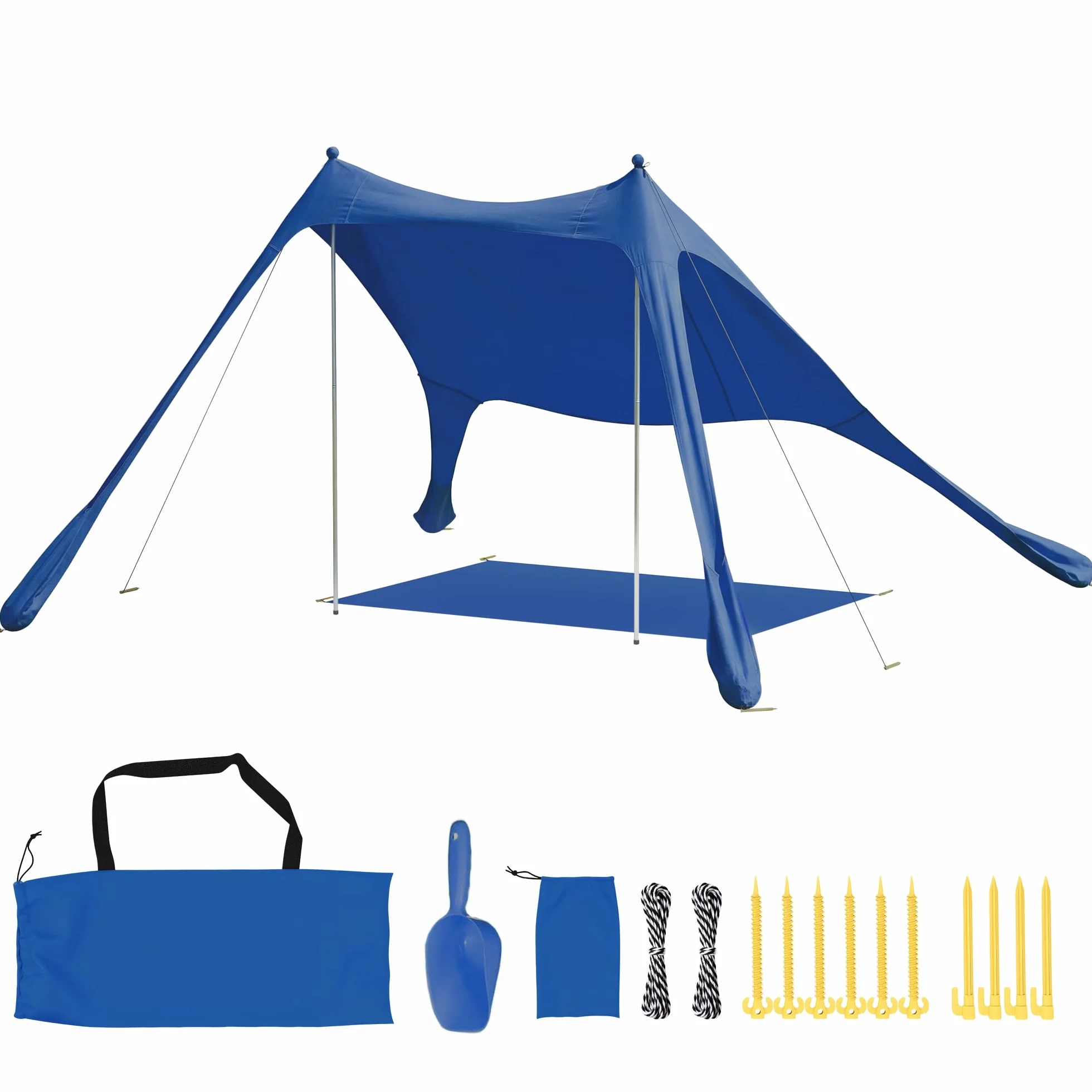 Outsunny Carpa Playa Plegable 208x200 cm, Toldo Playa Portátil para 2-4 Personas con Esterilla, UPF50+, Postes de Aluminio, Pala, Estacas y Bolsa de Transporte Impermeable, para Camping, Pesca, Azul
