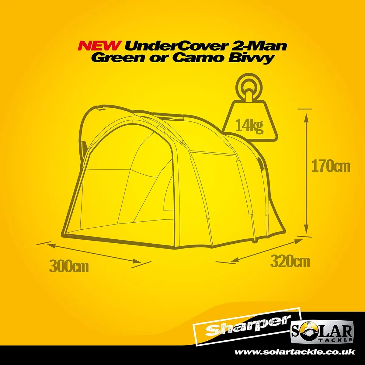 Solar Tackle Undercover - Refugio Exterior Bivvy para 2 Personas, Resistente al Agua, Malla mosquitera, Flujo de Aire, Paneles Traseros enrollados, Incluye Bolsillos Interiores, Lona Resistente para