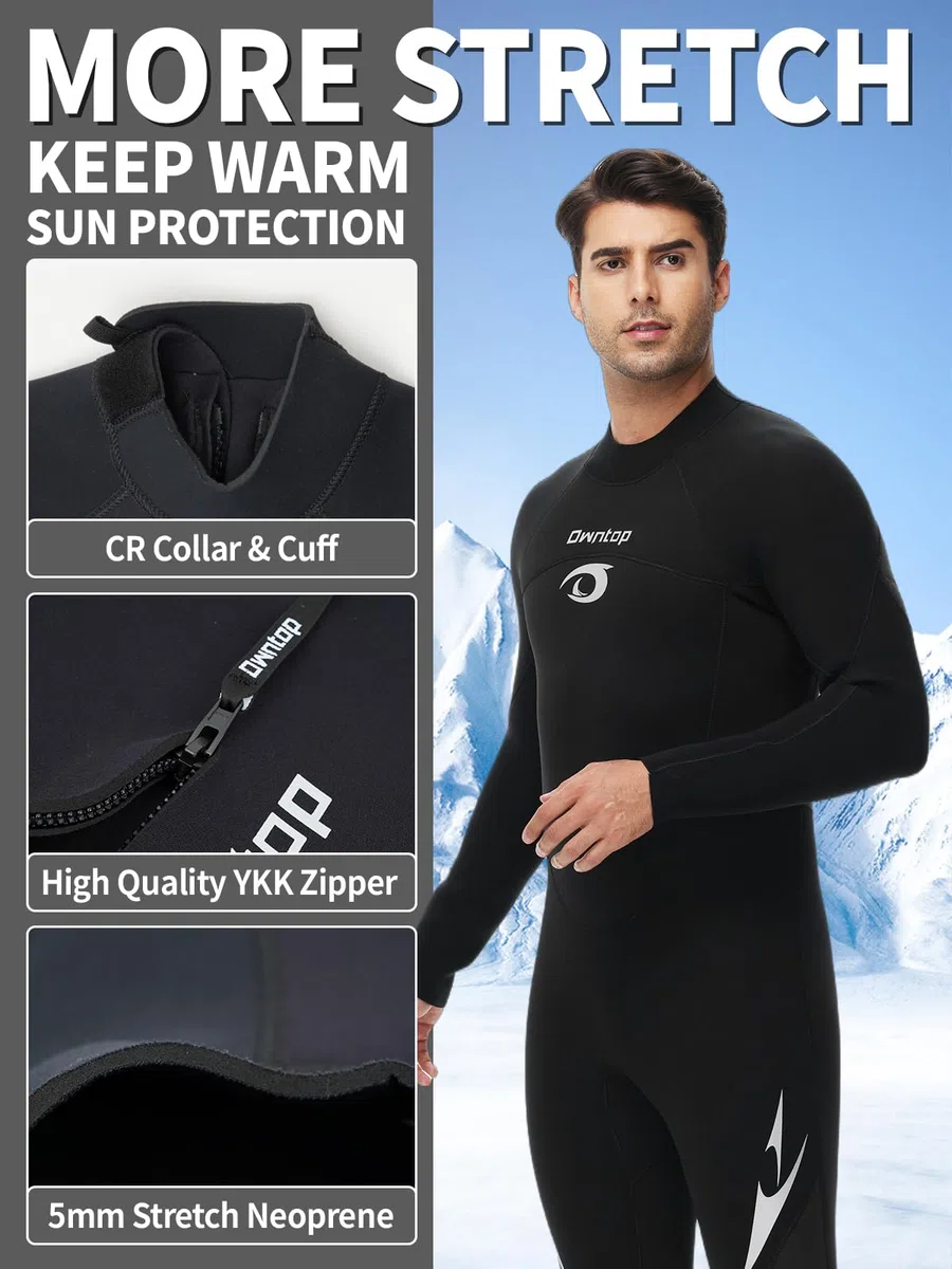 Owntop Traje de neopreno de 5 mm para hombres y mujeres, traje de neopreno grueso, manga larga con cremallera trasera UPF50+, mantiene el calor, traje de baño para buceo, surf, natación, buceo