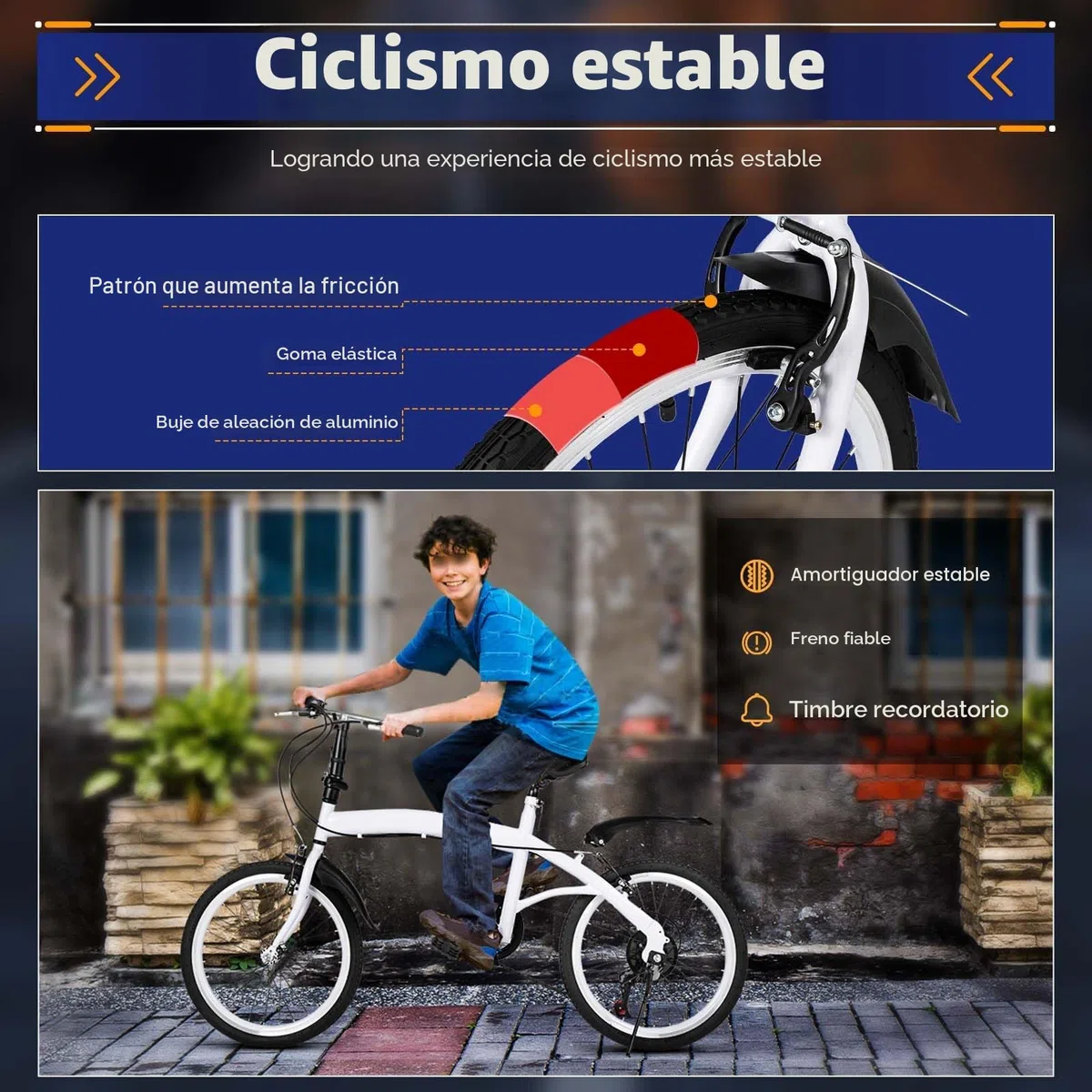 Bicicleta plegable 20 pulgadas, color blanco, 6 marchas, asiento y manillar ajustables, plegado rápido, 90 kg