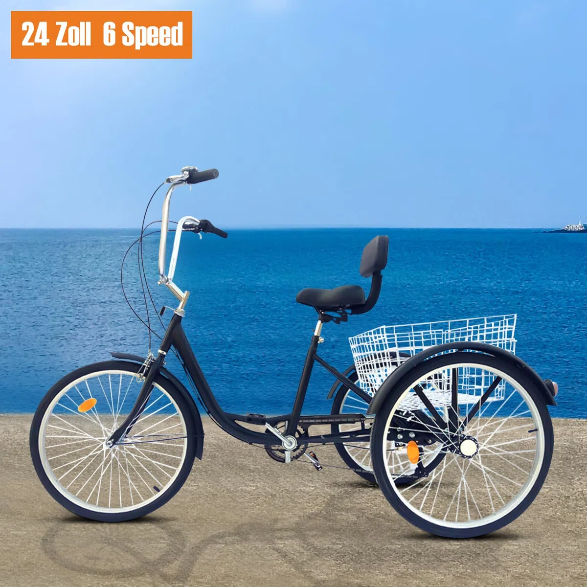 Bicicleta cruiser de 3 ruedas, bicicleta de tres ruedas para adultos, con soporte lumbar, 6 velocidades de 24 pulgadas, con cesta de la compra, triciclo, herramientas para turismo, para personas