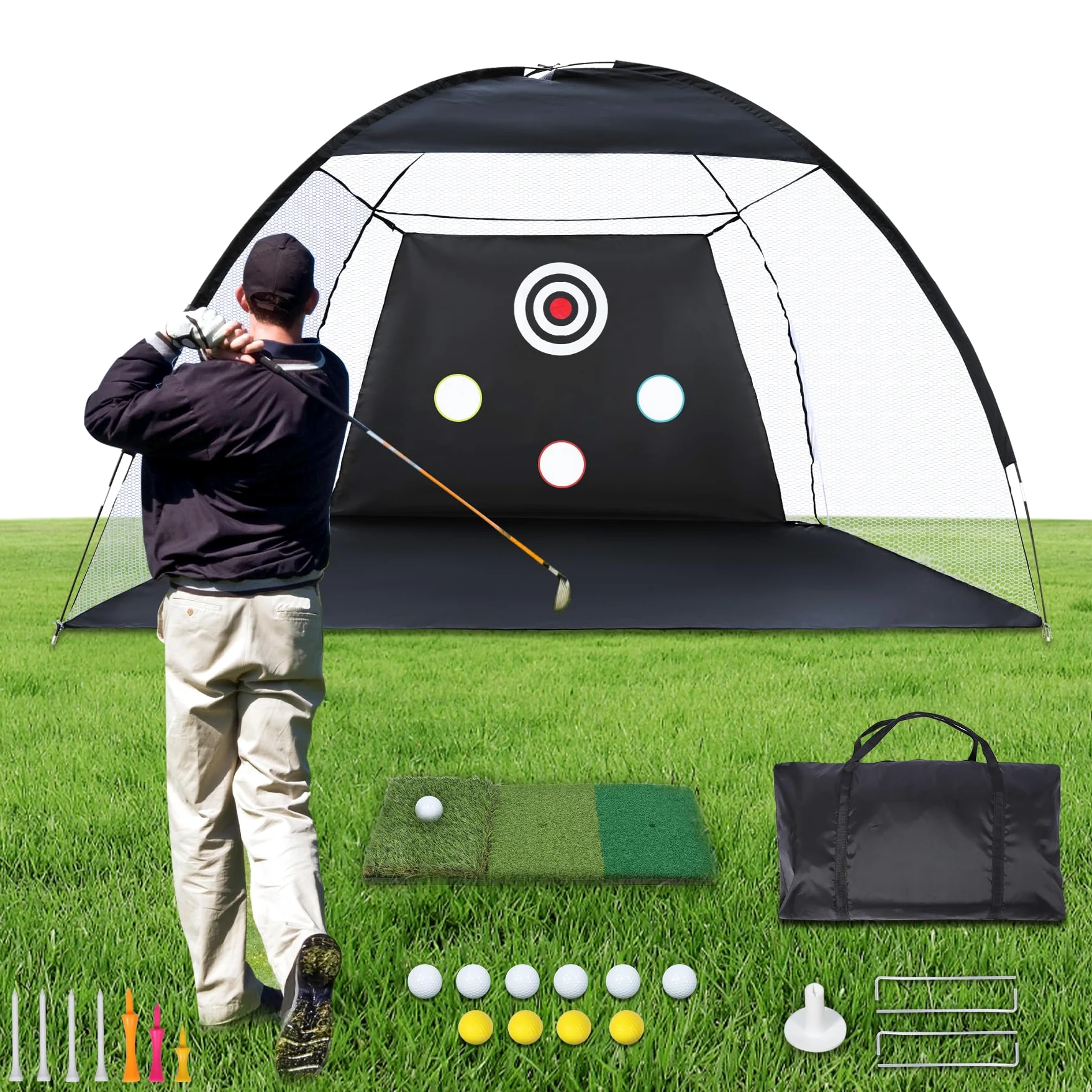 REDCAMP Red de entrenamiento de golf con césped de 10 x 7 pies, esterilla Tri-Turf, ideal para entrenamiento, entretenimiento y competiciones