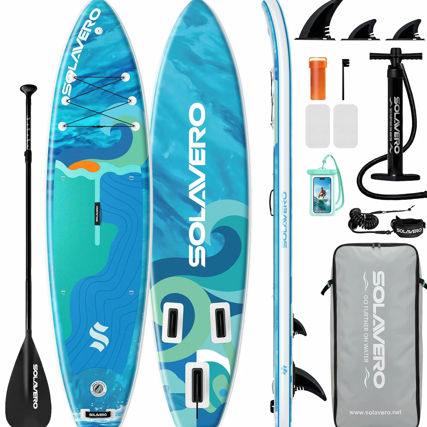 SOLAVERO Tabla Paddle Surf Hinchable, 335 x 83 x 15 cm Sup con Antideslizante EVA Deck, Paleta Ajustable, Soporte para Cámara, Quillas, para Todos los Niveles de Habilidad, hasta 200 kg