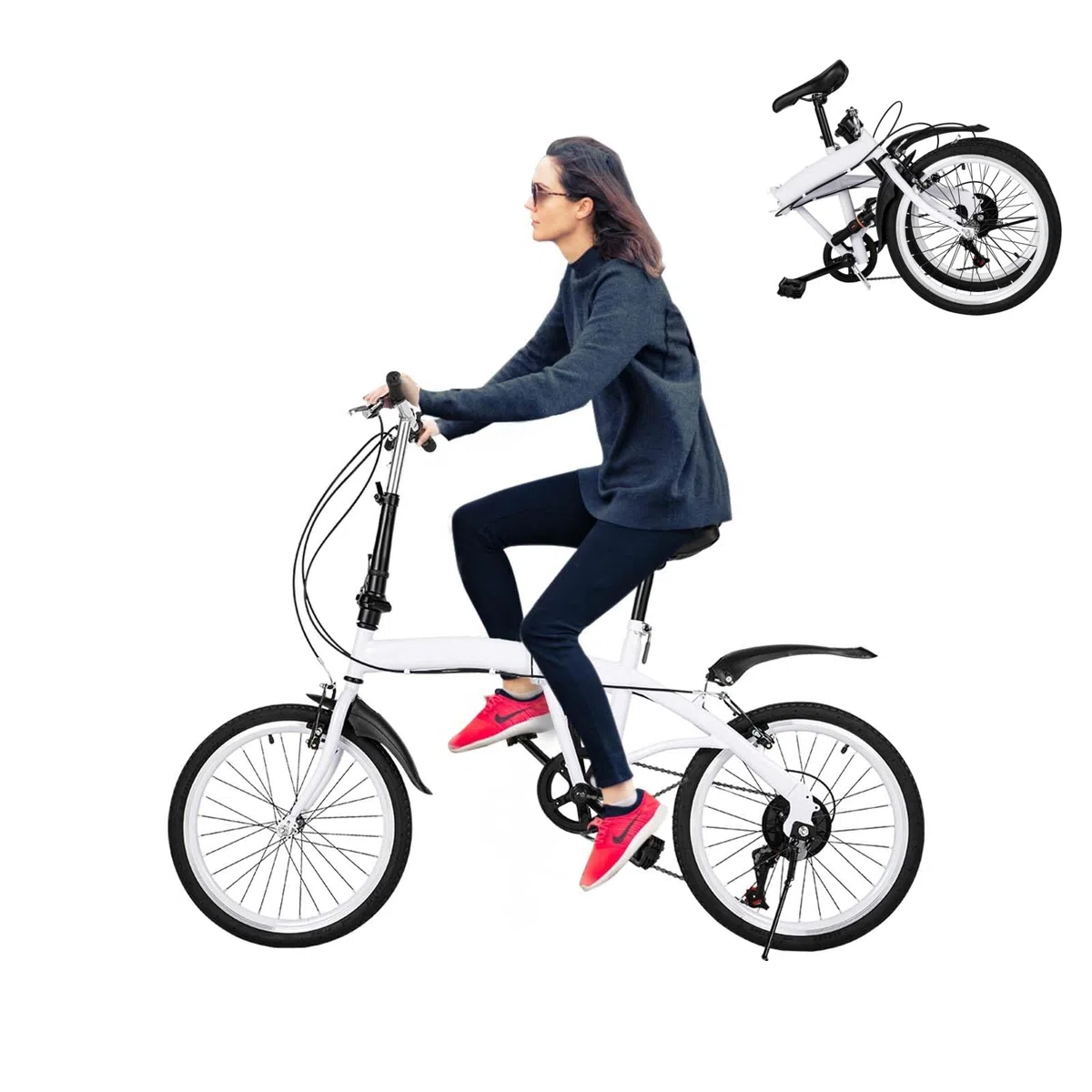 Bicicleta plegable 20 pulgadas, color blanco, 6 marchas, asiento y manillar ajustables, plegado rápido, 90 kg