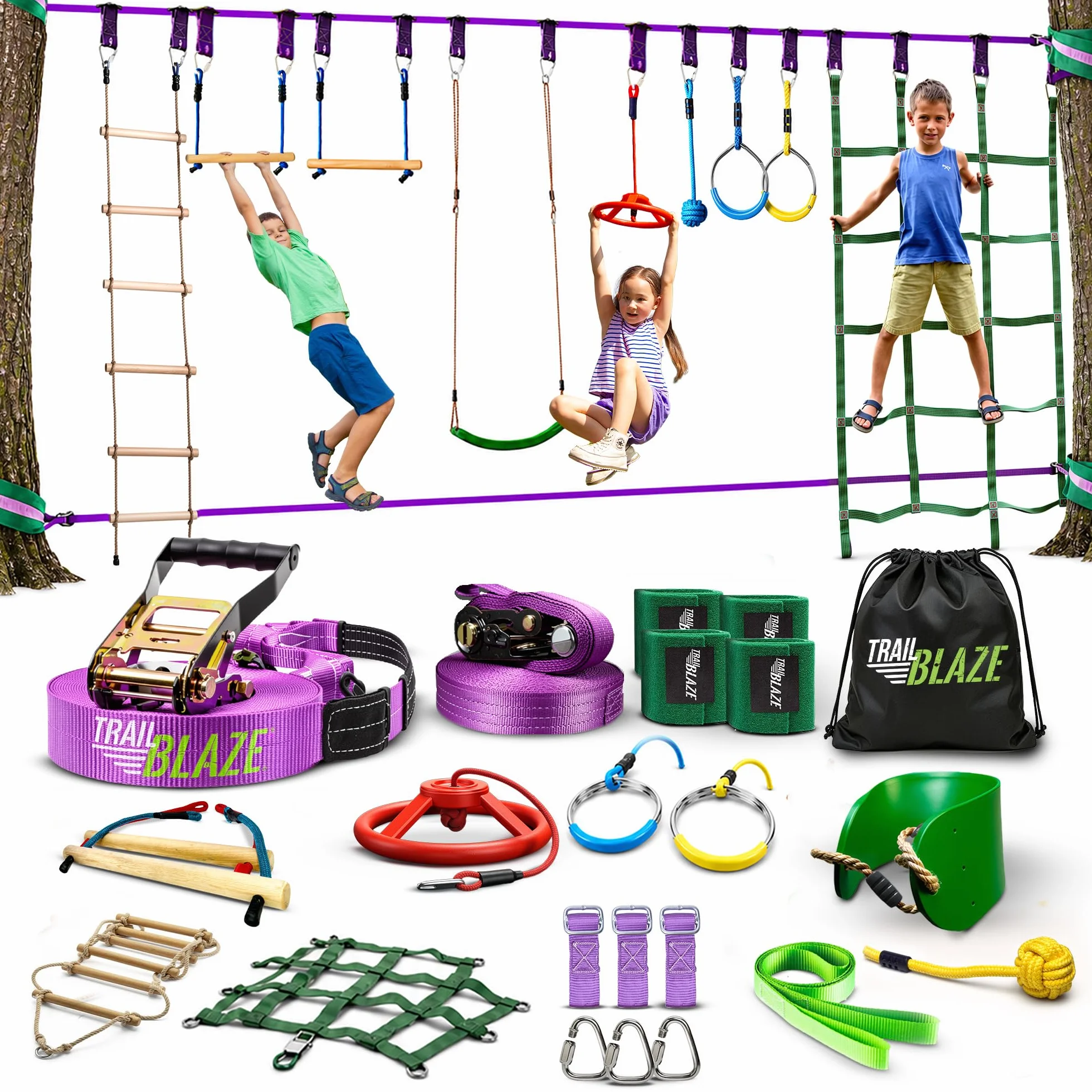 Trailblaze Slackline Ninja Warrior Obstacle Course para niños, 15 m Ninja Slack Line Anillos de gimnasio, barras de mono, protectores de árboles, diversión perfecta al aire libre para niños