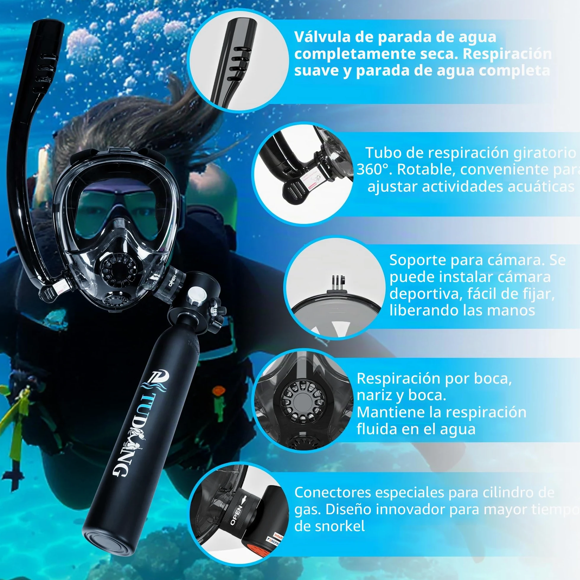 TUDIVING-Juego de Tanque de Buceo de 0,5 L, minicilindro de oxígeno con máscara de Snorkel de Cara Completa, Kit de Buceo de Viaje portátil for Viajes Nadar Rescate