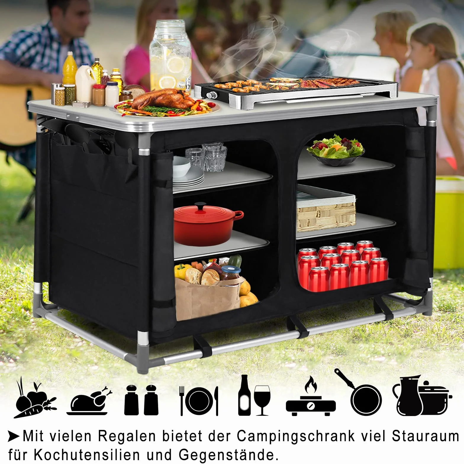 UISEBRT Cocina de camping plegable, armario de camping con estructura de aluminio, cocina de viaje, cocina al aire libre, camping, cocina, incluye bolsa de transporte