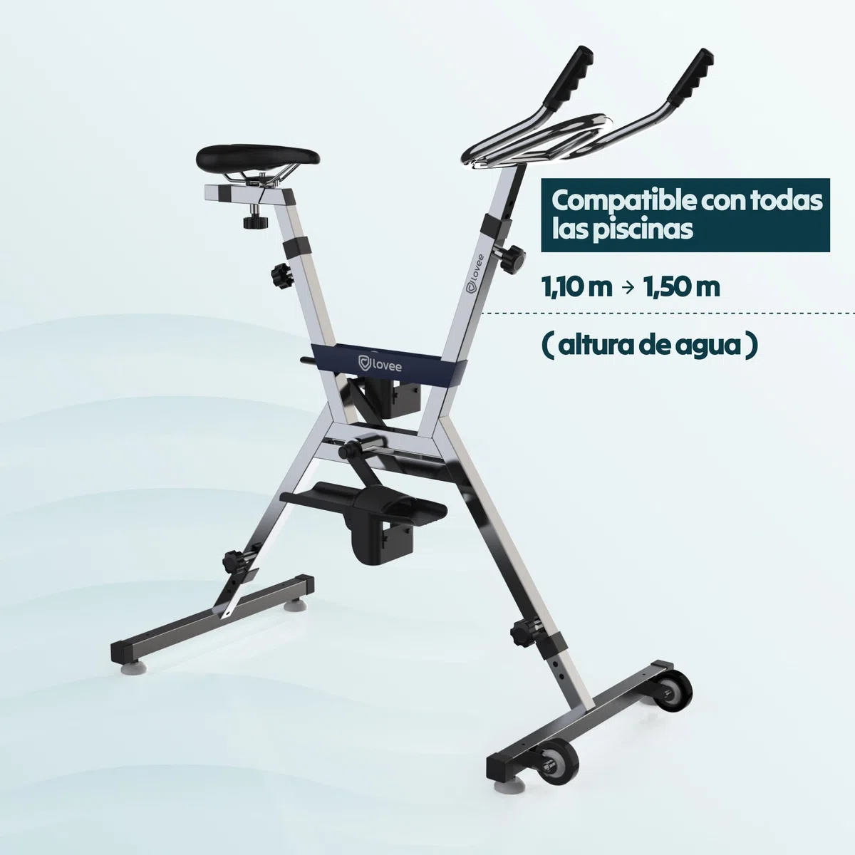 Lovee Aquabike V2 - Bicicleta de piscina doble modo deportivo y confort, acero inoxidable 316, resistencia al cloro y al agua de mar, para todos los revestimientos, 1,10 a 1,50 m de profundidad