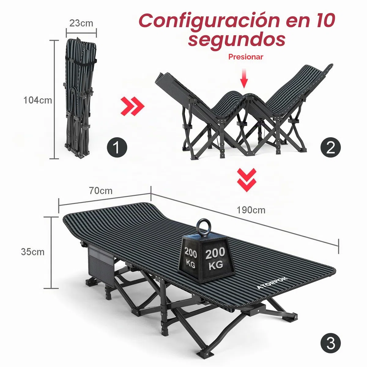 ATORPOK SHOP Cama de camping plegable, plegable hasta 200 kg para, resistente, portátil, bolsa de viaje, cómoda
