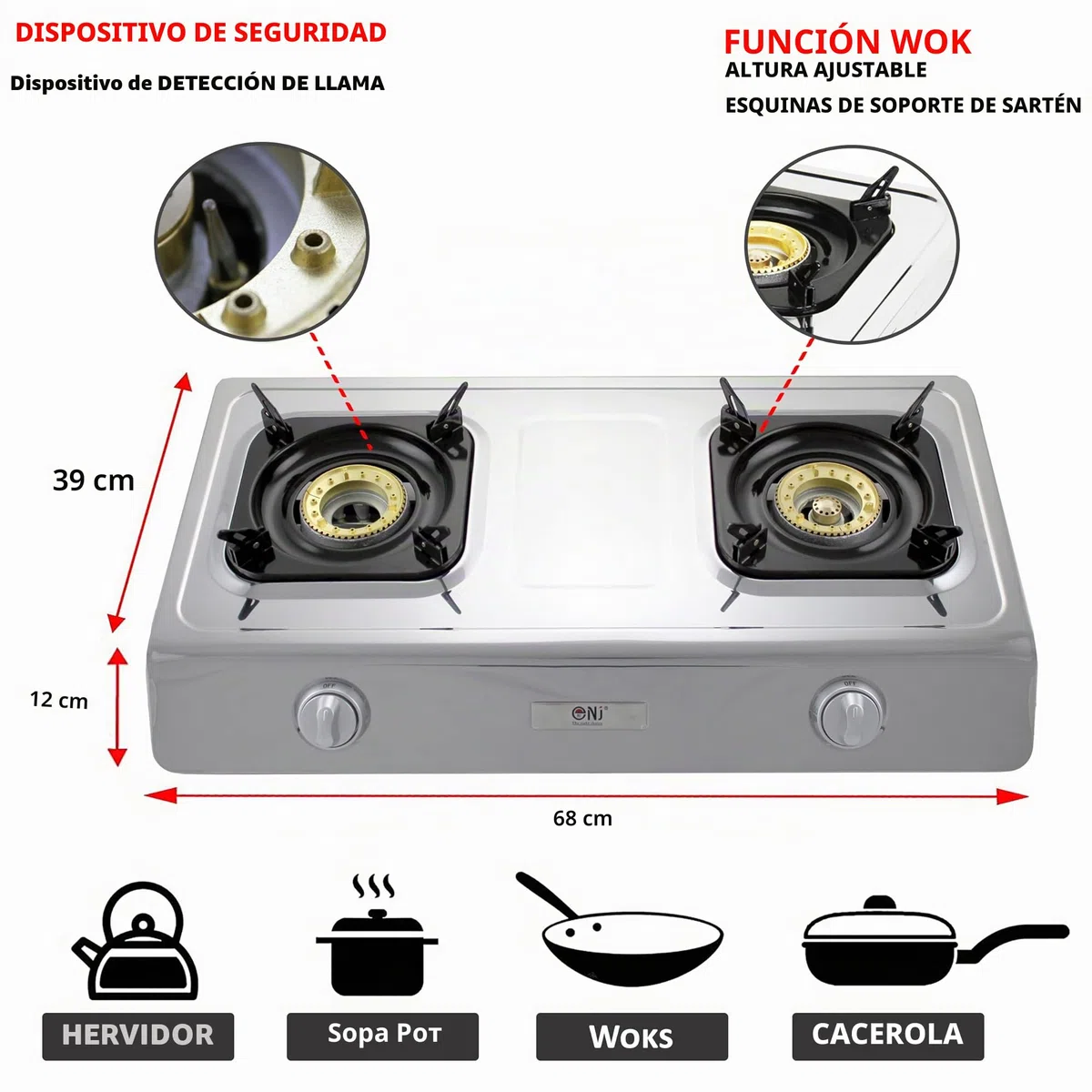 NJ NSD-2 Cocina de Gas Portatil - 2 Fuegos Hornillo para Interior GLP 7.2 kW