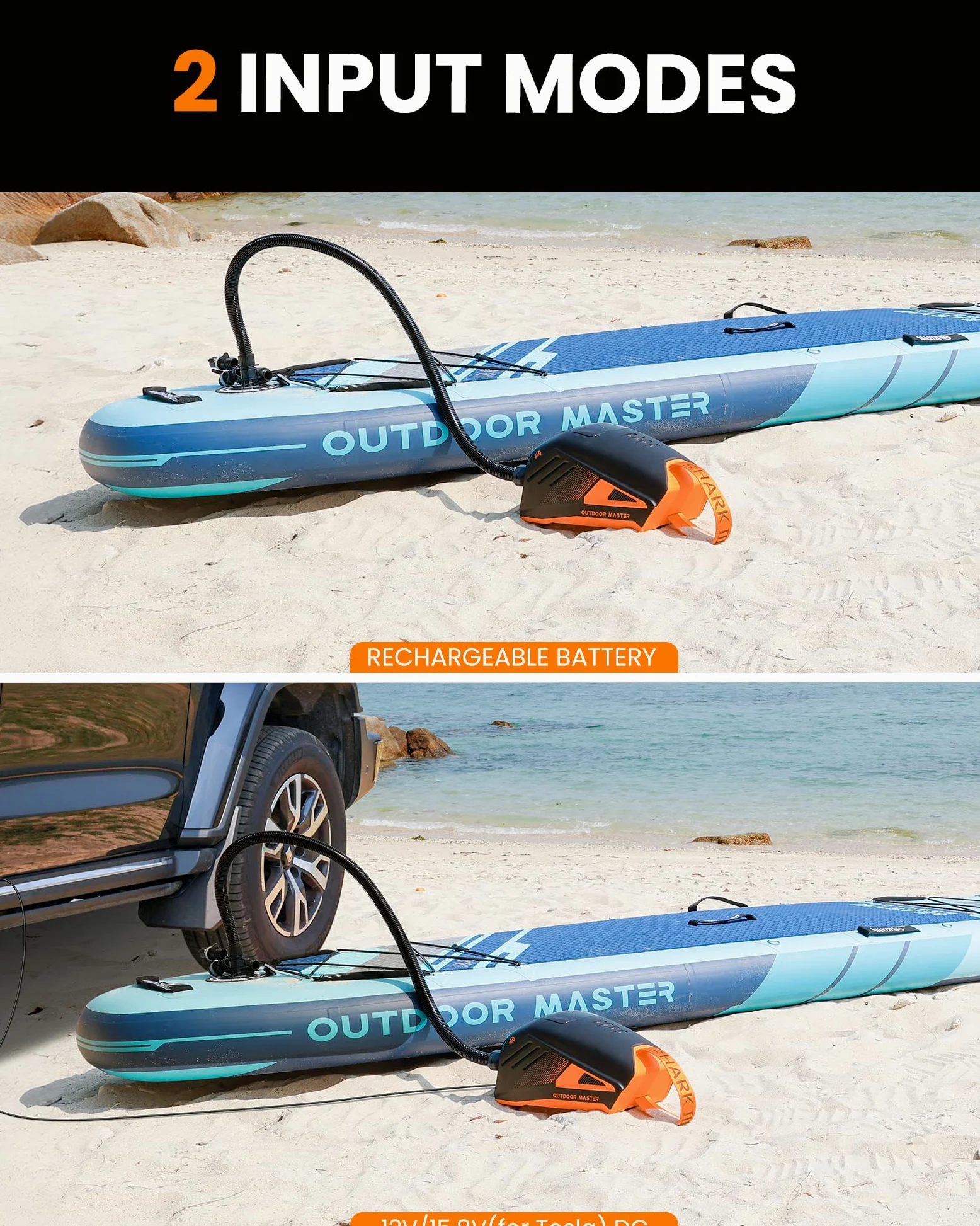 OutdoorMaster Shark 3 Bomba de Aire Electrica - Inflation Rapide en 3'50", 20PSI Sup Bomba Recargable pour Sup de 74Wh - Arrêt Automatique et Déflation, Entrée 12V/15,8V DC et Type-C, 8 Boquillas