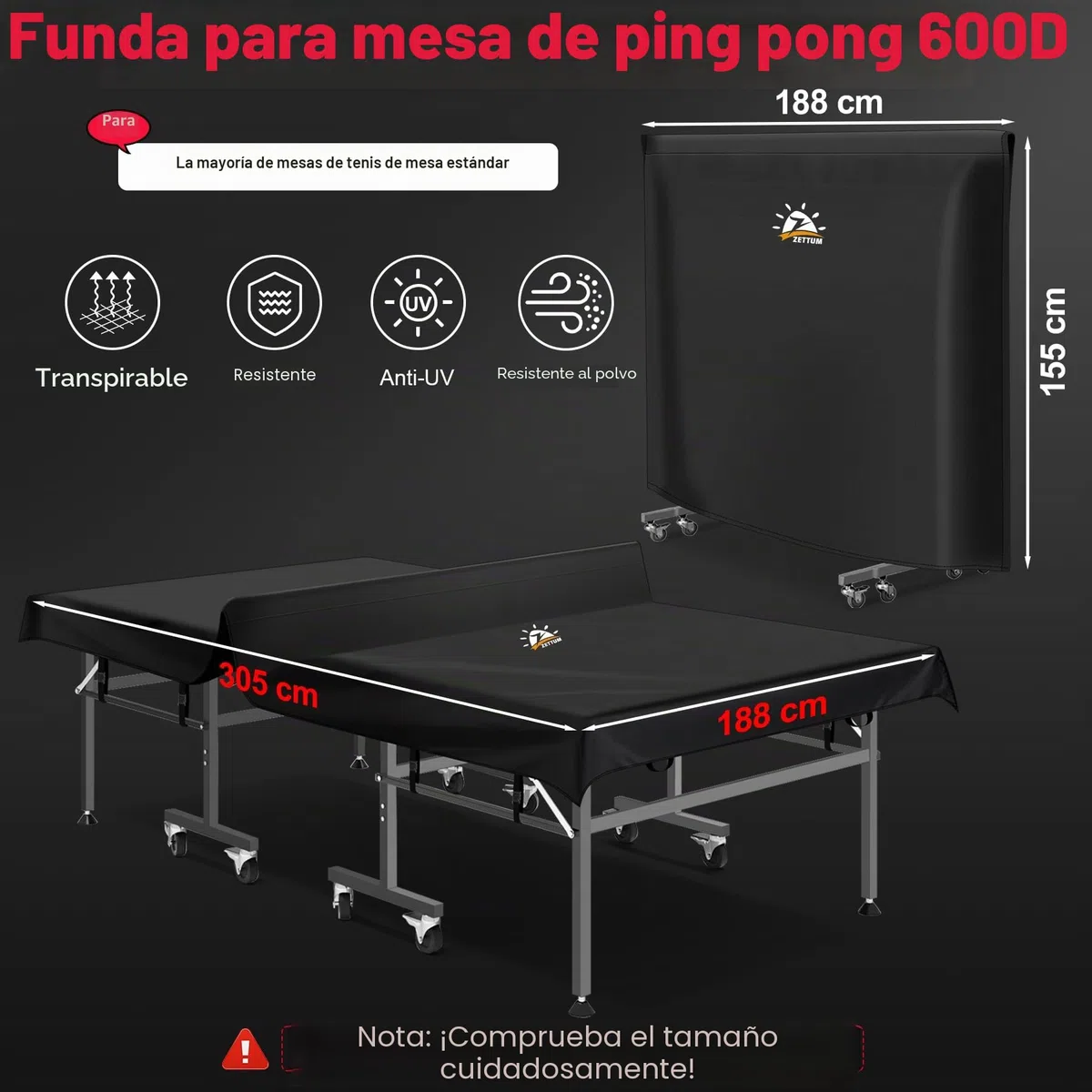 Zettum Funda de Mesa de Ping Pong 188 L x 155 A CM, 600D Oxford Impermeable y Protección Resistente Cubierta para Tenis de Mesa, Compatible con mesas plegables y estándar de ping-pong