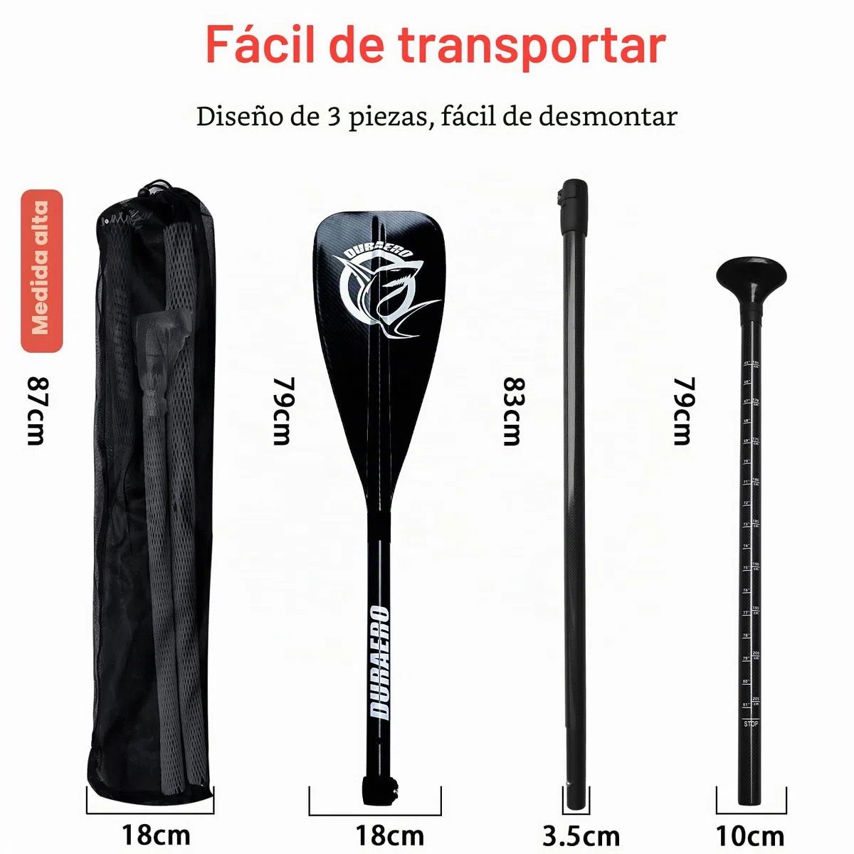Remo de Carbono con Bolsa - 3 Piezas para Sup Kayak Stand-Up Paddling Board Velocidad Profesional - Remo Ligero 760 g Telescópico Ajustable 165-205 cm kajak Tabla de Surf Sistema enchufable