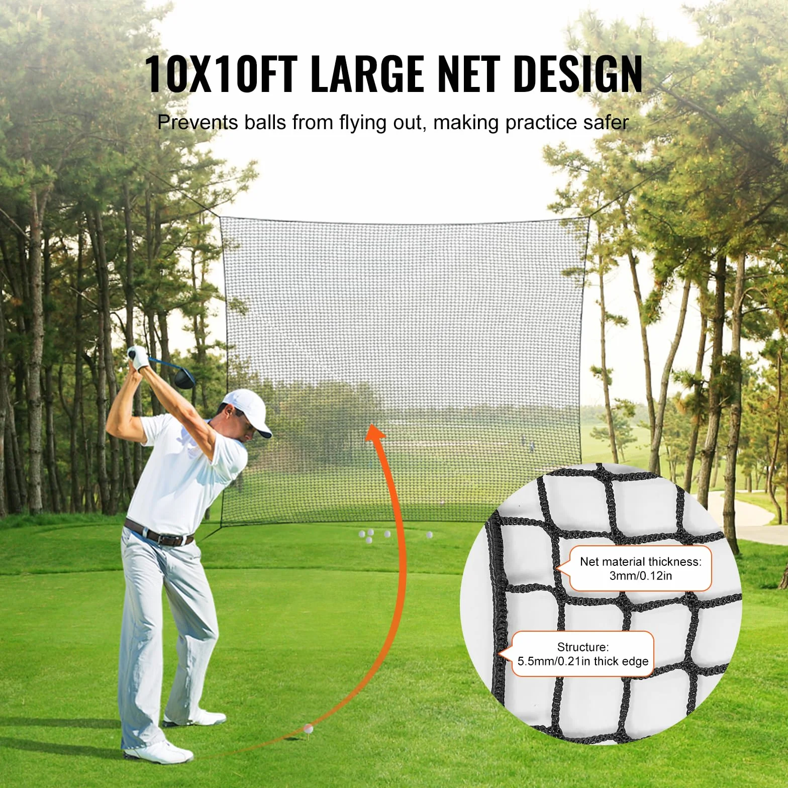 VEVOR Red de Práctica de Golf de 3 x 3 m Red de Bateo Interior para Golf ​​Red de Pelotas de Nailon Barrera de Red Deportiva para Columpio de Entrenamiento de Conducción para Béisbol, Hockey, Fútbol