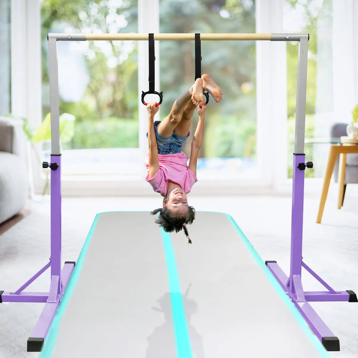FBSPORT Barra de Gimnasia para Niños Barra Horizontal de Gimnasia con 13 Altura Ajustable de Barra de Entrenamiento con Anillos de Gimnasia Barra de Entrenamiento de Gimnasia expandible Junior Morado