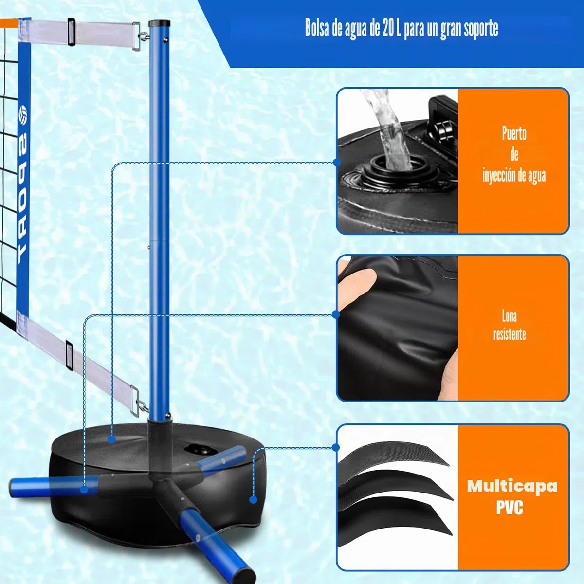 Red de Voleibol para Piscina, portátil, para Interior y Exterior, con 2 Pelotas de Agua y Base Resistente, Longitud Ajustable de 15 a 25 pies