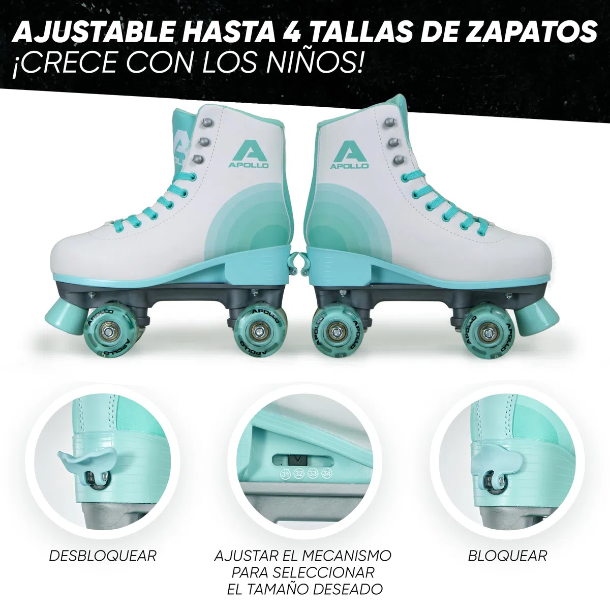 Patines Apollo Classic de 4 Ruedas - para niños, Adolescentes y Adultos, Talla Ajustable, para niñas y Mujeres, cómodos, para Todas Las Edades, 3 Tallas Desde la Talla de Calzado 31 hasta la 42