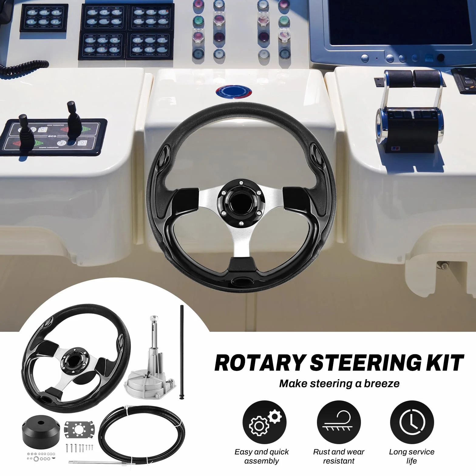 Sistema de dirección de barco, kit de dirección mecánica rotatoria, cable de control de cable de 304,8 cm, fueraborda, sistemas de dirección marina para barcos de pesca, yates y otras