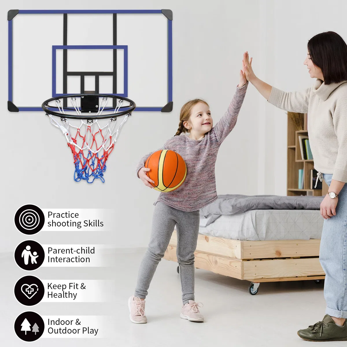 Aro de baloncesto montado en la pared, tablero inastillable de 45 x 29 pulgadas, aro plegable, aro duradero y red para todo tipo de clima para uso en interiores y exteriores
