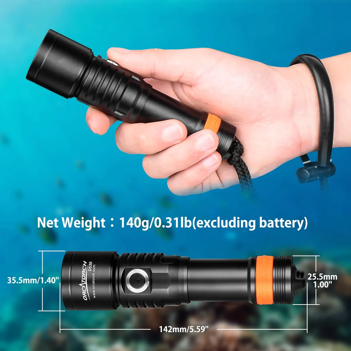 ORCATORCH D530 Luz de buceo, 1500 lúmenes, ángulo de haz estrecho de 7 grados, interruptor de botón lateral, dos modos de iluminación para buceo bajo el agua 150 metros