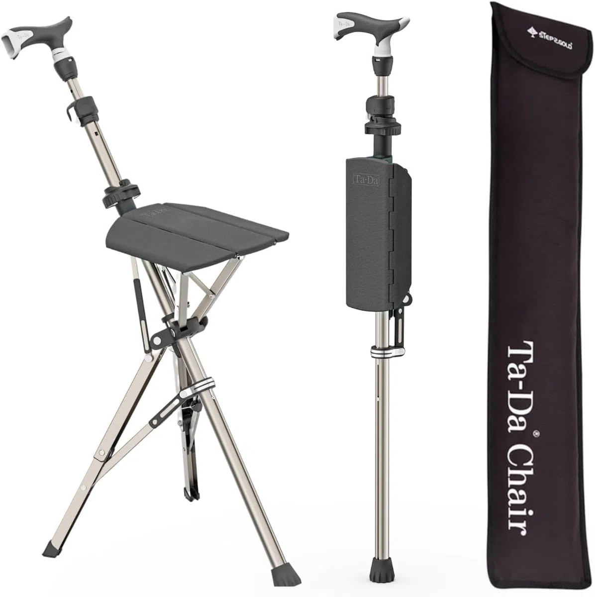Ta-Da Chair Pro - Bastón con Asiento, Taburete Plegable de Aluminio (Máx. 120kg), Diseño Compacto para Viajes y Turismo - Negro, Ajustable