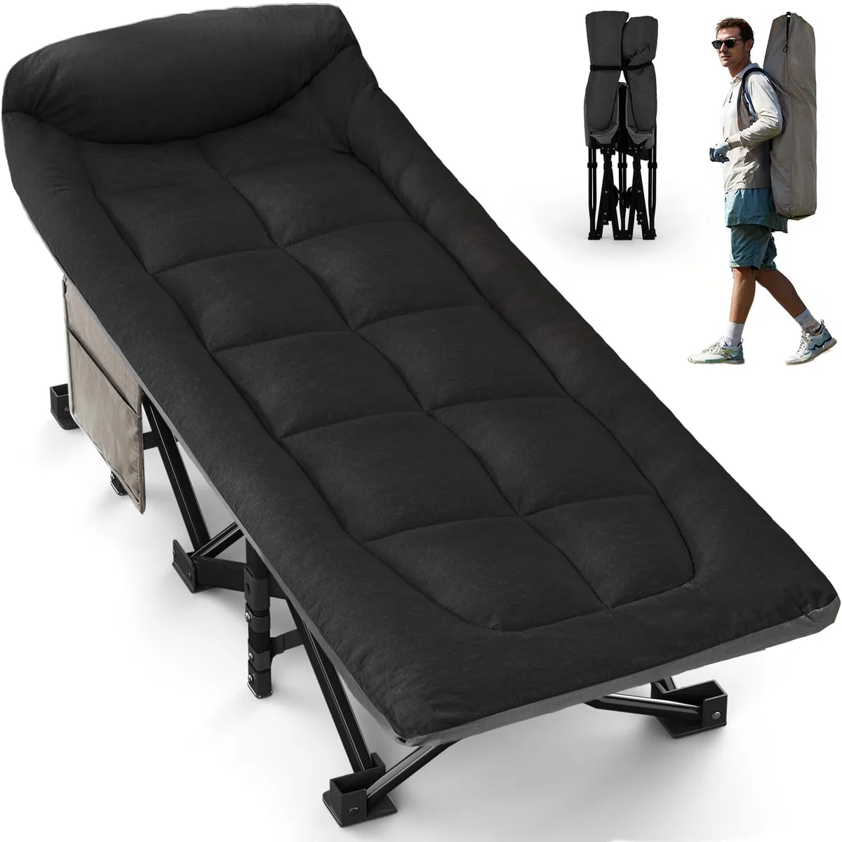 OVERMONT Cama de Camp Plegable con Colchón - Cama de Camp Plegable 190 x 70 x 40 cm - Soporta hasta 250 kg - Tela Oxford con Bolsillo Lateral - Bolsa de Transporte para Camping Jardín Oficina - Negro