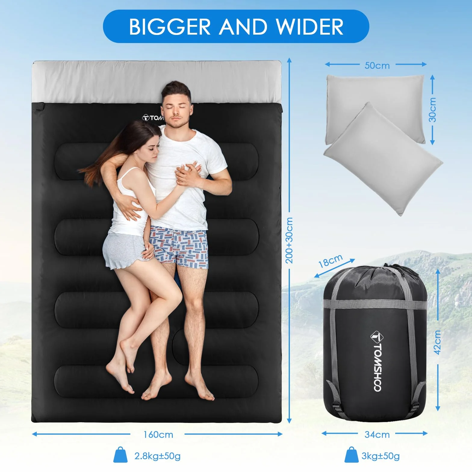 TOMSHOO Saco de Dormir Doble, 230 x 160 cm Saco de Dormir Campismo 2 Personas Extragrande con 2 Almohadas, 3-4 Estaciones Saco de Dormir Adult Doble para Acampar Senderismo Viajes Exterior Hogar