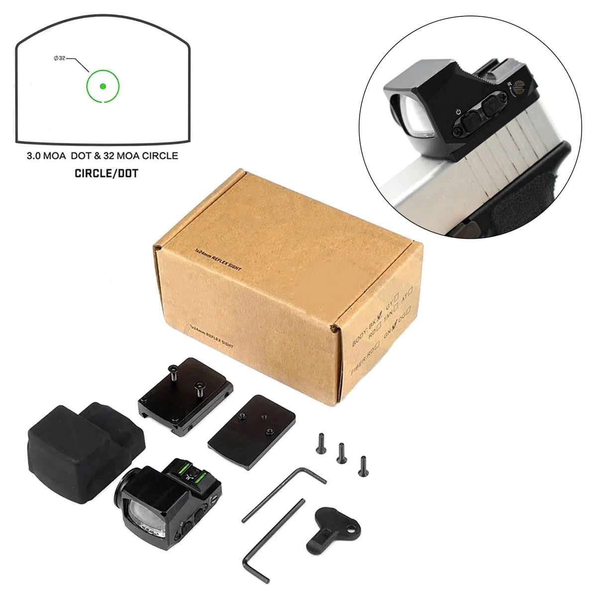 R-X - Mira de punto verde de 1 x 24 mm con mira trasera de fibra óptica y soporte de riel Picatinny para pistola de caza, Shake Awake