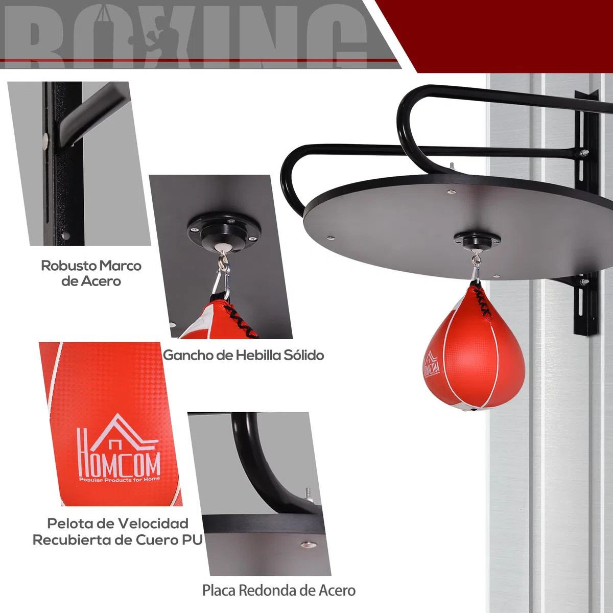 HOMCOM Pera de Boxeo con Soporte de Pared Punching Ball para Boxeo con Plataforma Ajustable en Altura Soporte Giratorio e Inflador 60x73x80 cm Rojo y Negro
