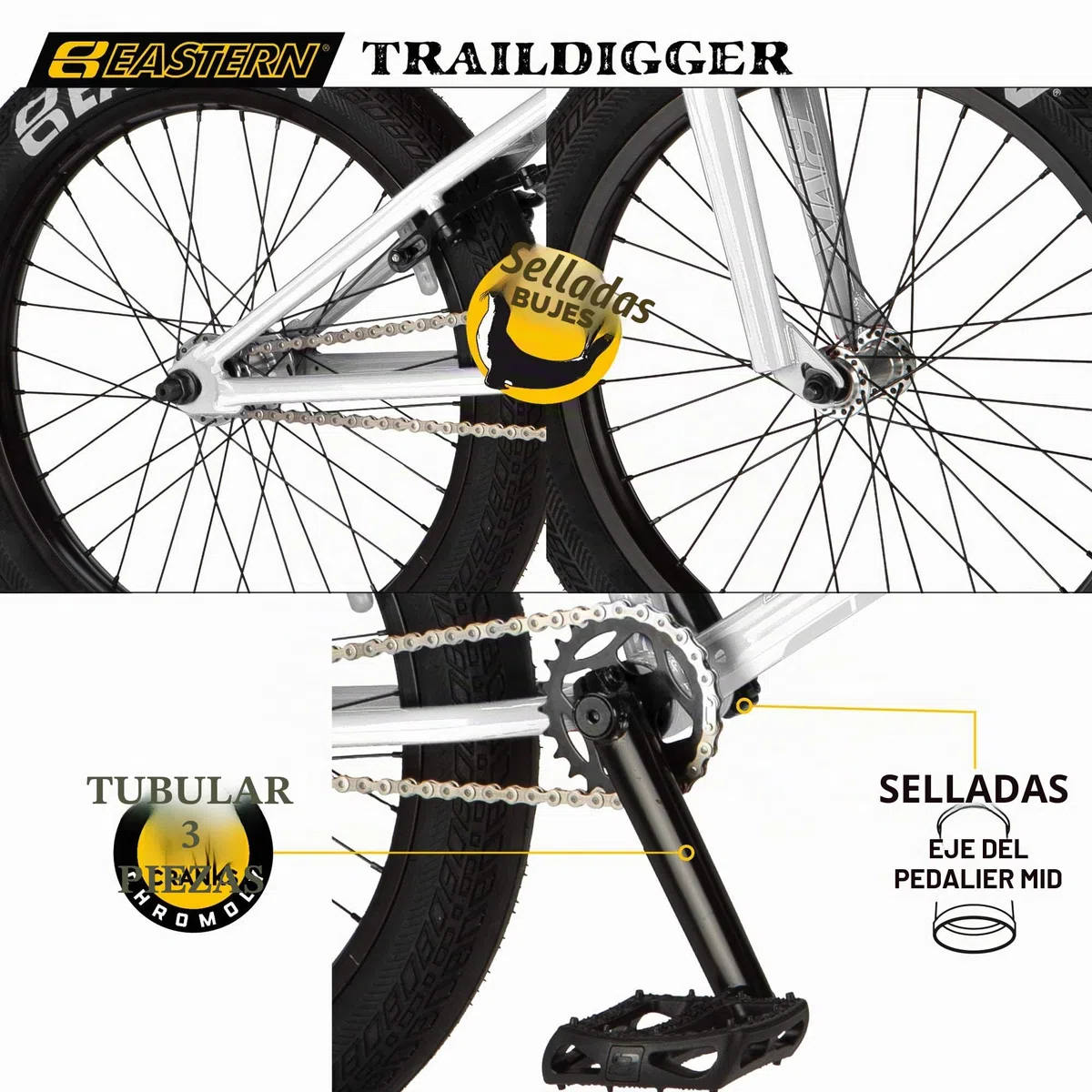 Eastern Traildigger - Bicicleta BMX Pro de 20 pulgadas, marco cromado ligero, llantas de doble pared, asiento giratorio, bielas cromadas, ideal para montar en la calle y el parque