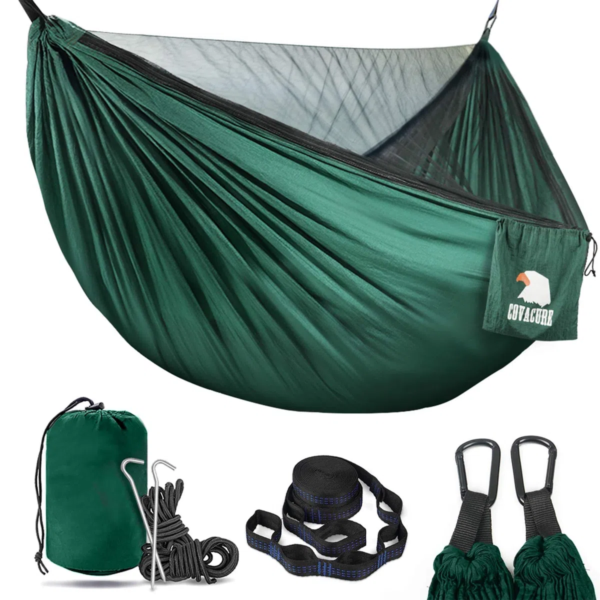 COVACURE Camping Hamaca con Mosquitero, 2 Arboles Correas/Mosquetones/Cuerdas/Doble Portátiles al Aire Libre Ligero Hamaca de Nylon para Camping Excursiones de Senderismo Viajes y Jardín