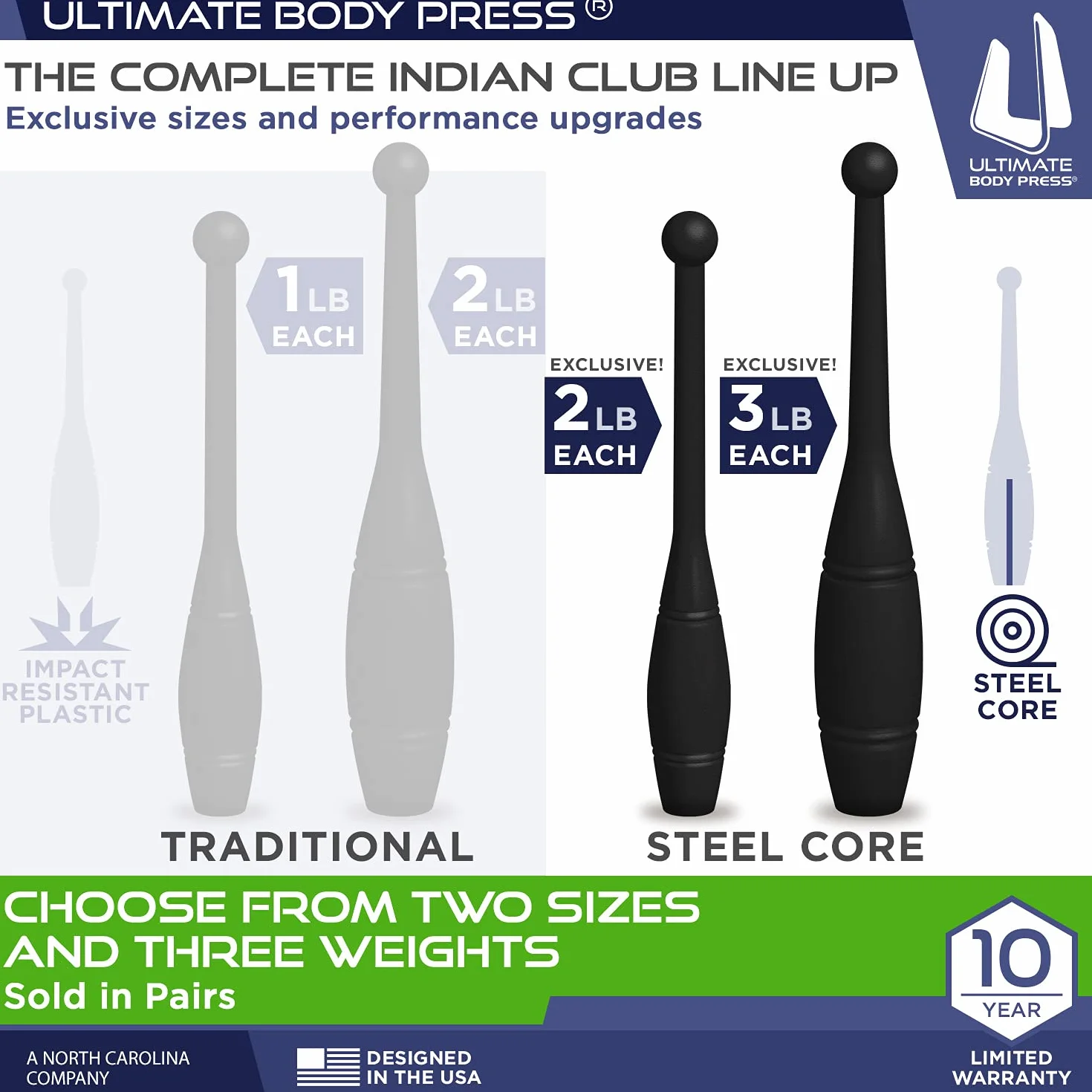 Ultimate Body Press Indian Clubs 1lb, 2lb and 3lbs Pairs