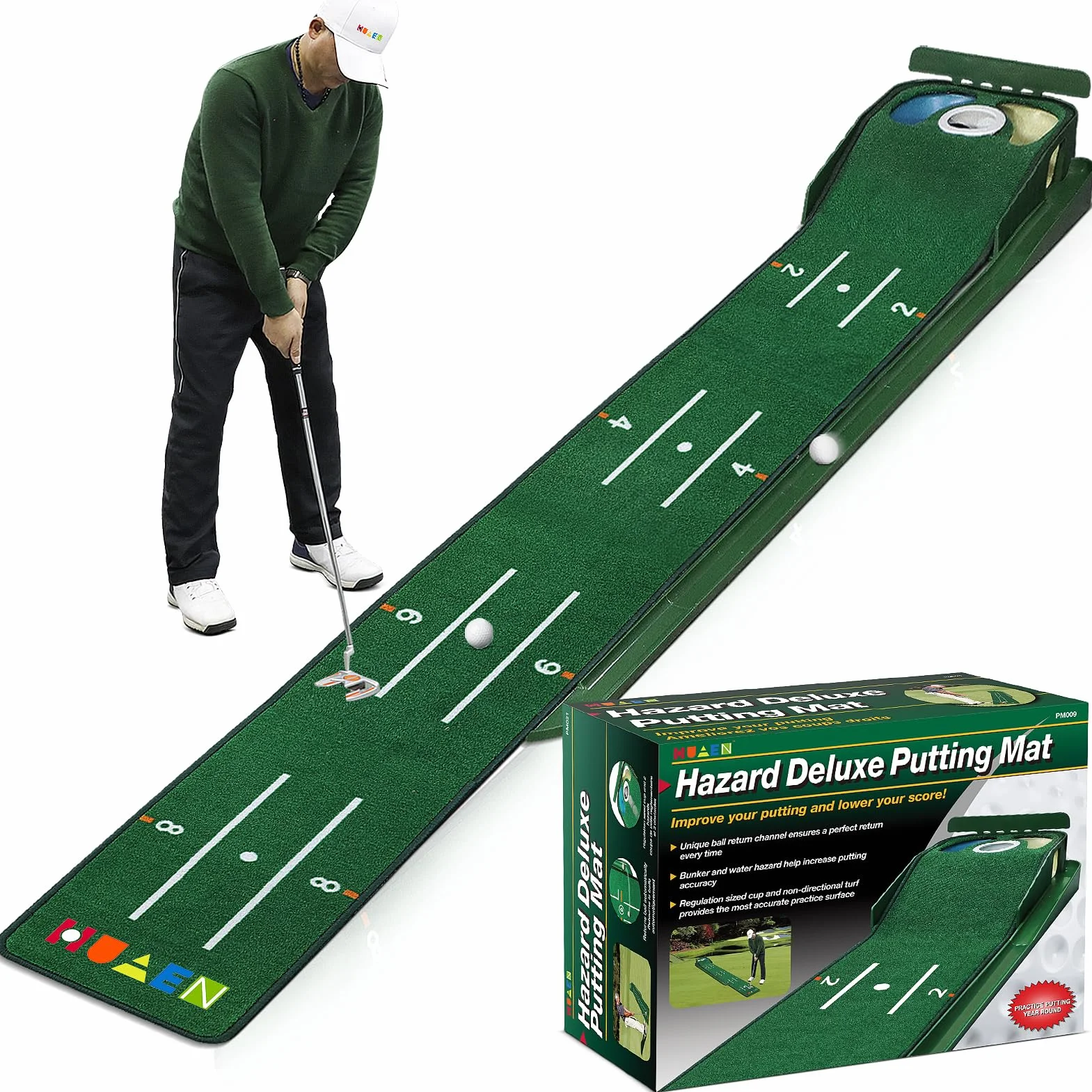 Tapete Verde de Golf para Interiores Con Retorno de Pelota y 3 Agujeros - Equipo de Entrenamiento y Práctica en Casa u Oficina - Accesorios de Regalo