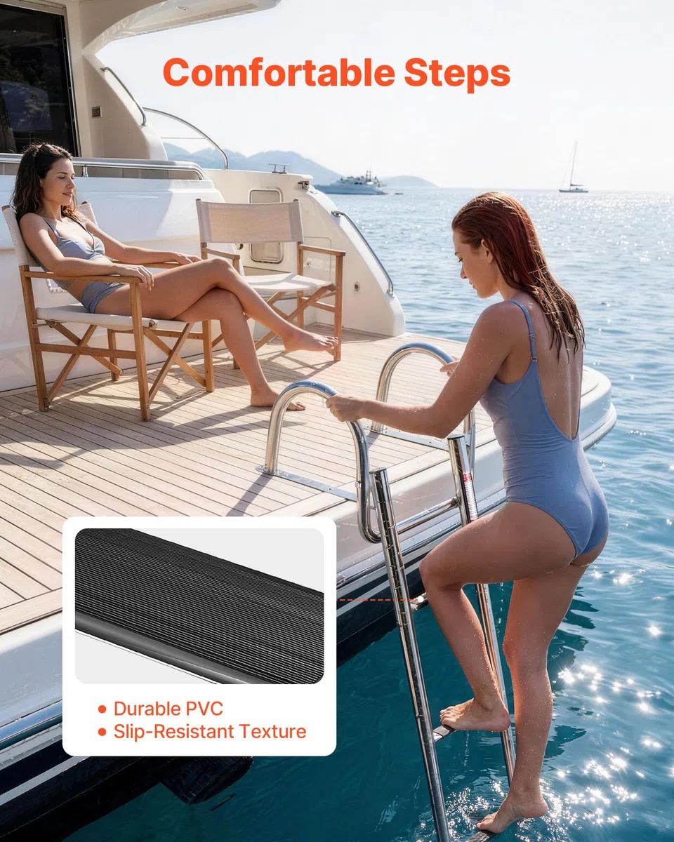 VEVOR Escalera para Barco Telescópica de Acero Inoxidable de 4 Peldaños, Soporta 272 kg, Escalera Plegable de Embarque con Pasamanos y Peldaños Antideslizantes para Muelle, Piscina, Pontón, Plataforma