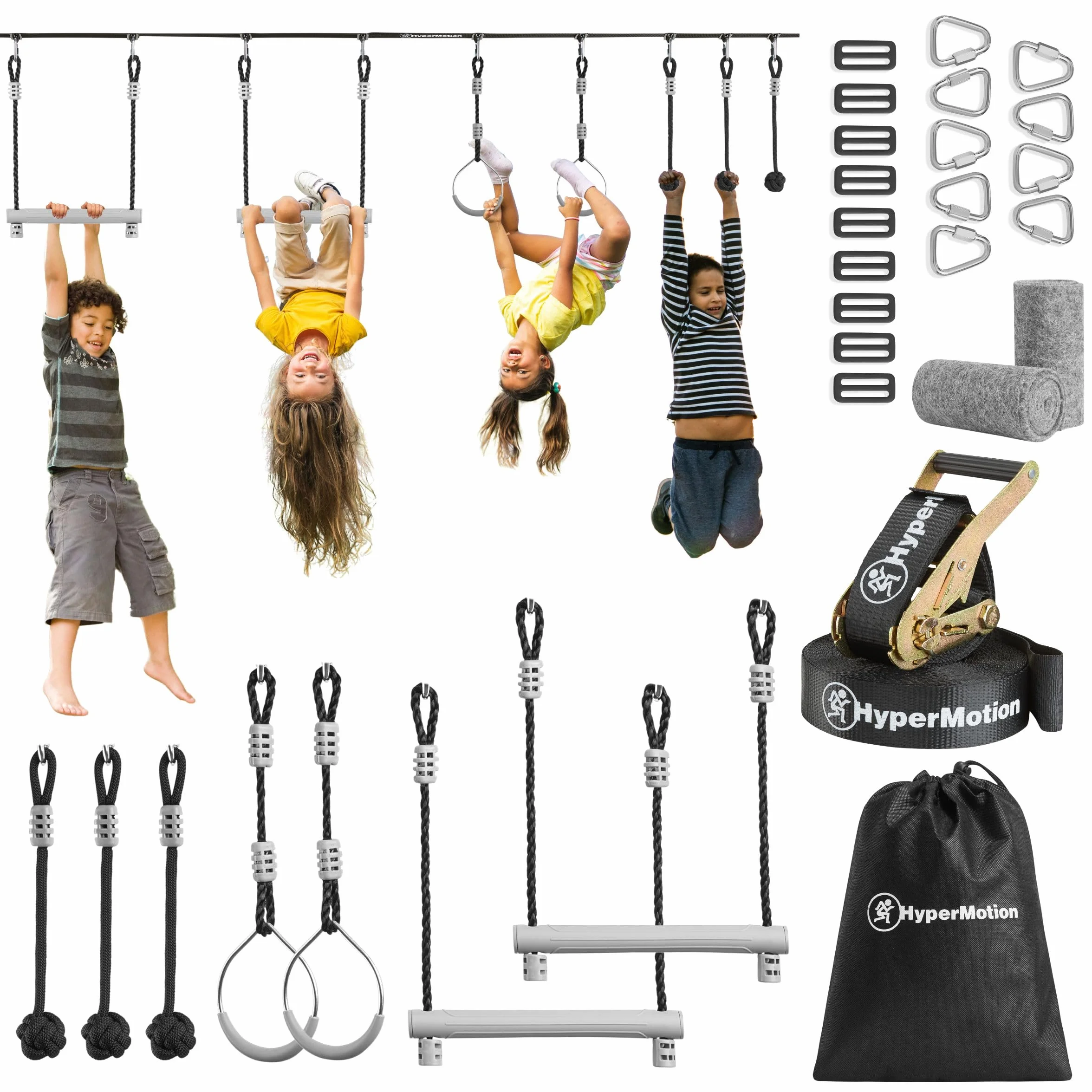 HyperMotion Juego de trayectoria de obstáculos Ninja para niños - 7 obstáculos con ruedas de mono puños y varillas - capacidad de carga hasta 113 kg - para jardín - juego de movimiento al aire libre