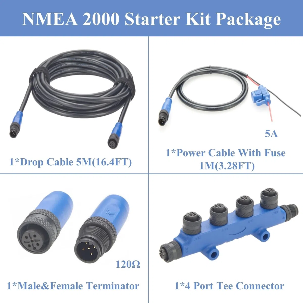 NMEA 2000 N2K - Kit de iniciación de cable troncal de grado marino, cable de caída de 4 puertos, terminadores, cable de alimentación con fusible para redes Lowrance Simrad B&G Navico