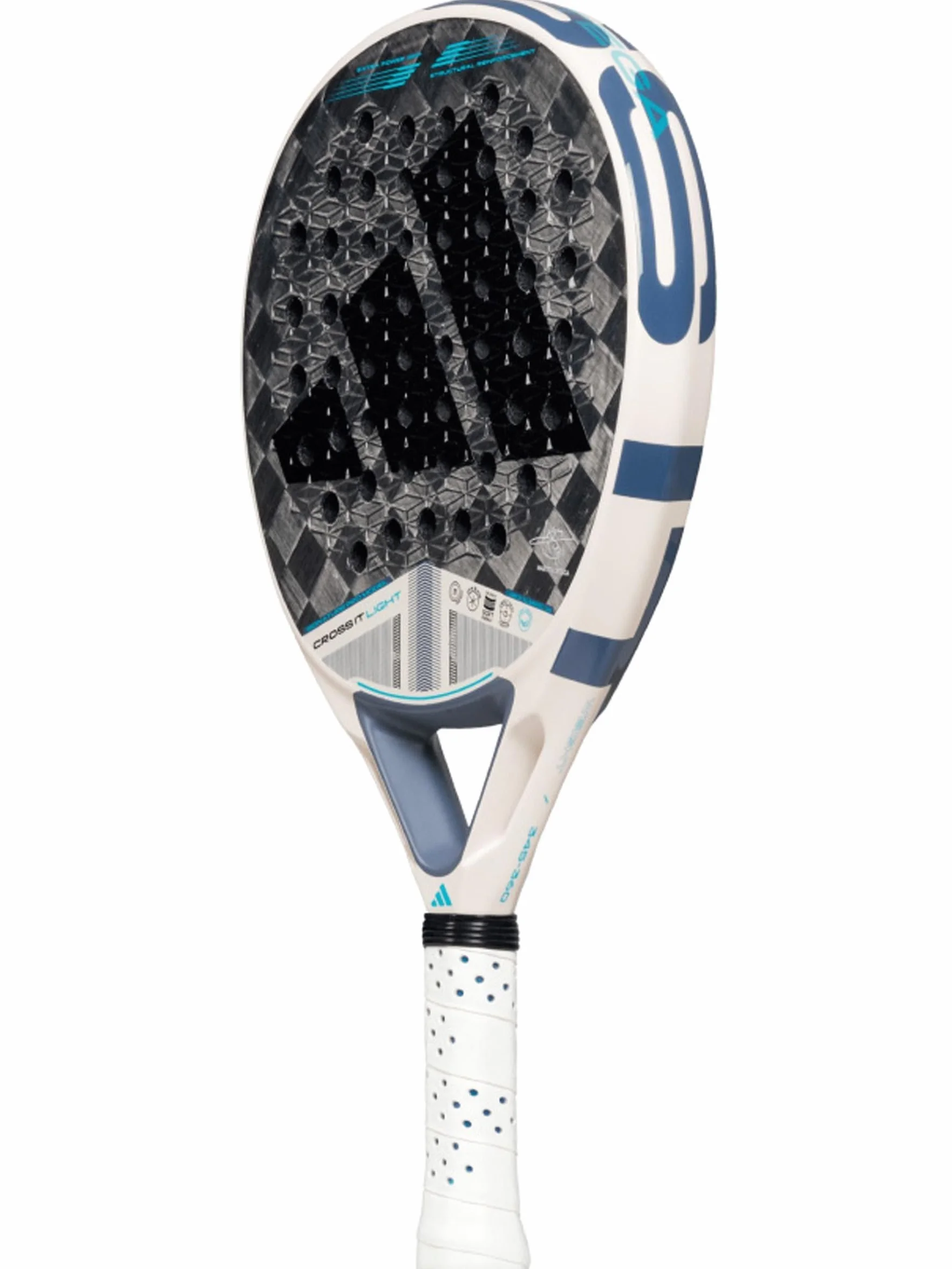 Pala de Padel adidas Cross It Light 3.4 Marta Ortega Blanca Azul Gris, Forma Redonda, Goma eva Soft Energy, Carbono aluminizado 24k
