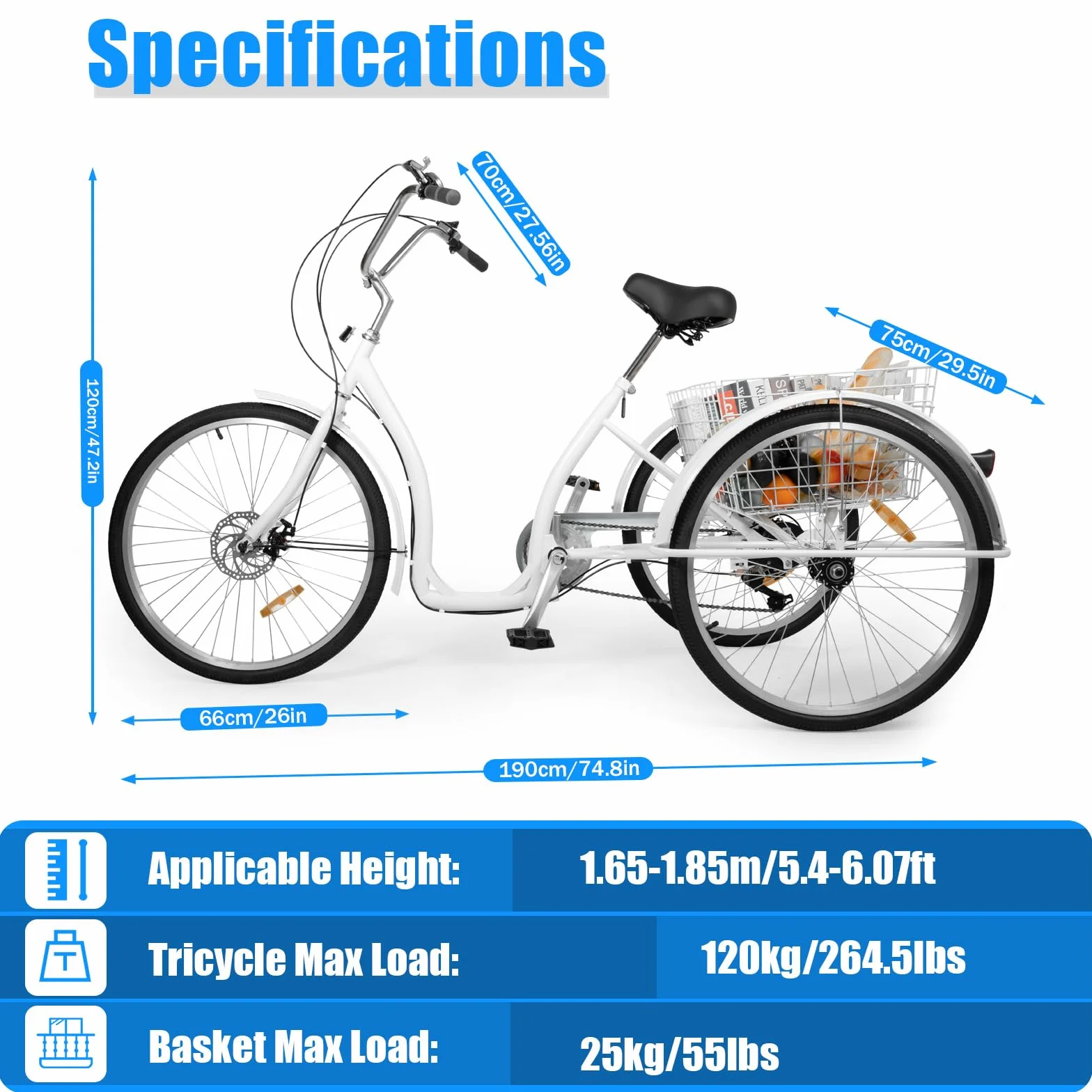 Triciclo adulto de 26 pulgadas, 6 velocidades, soporta 264,55 lbs ajustable para personas mayores, bicicleta de crucero, bicicleta de compras, adecuada para personas mayores para conducir