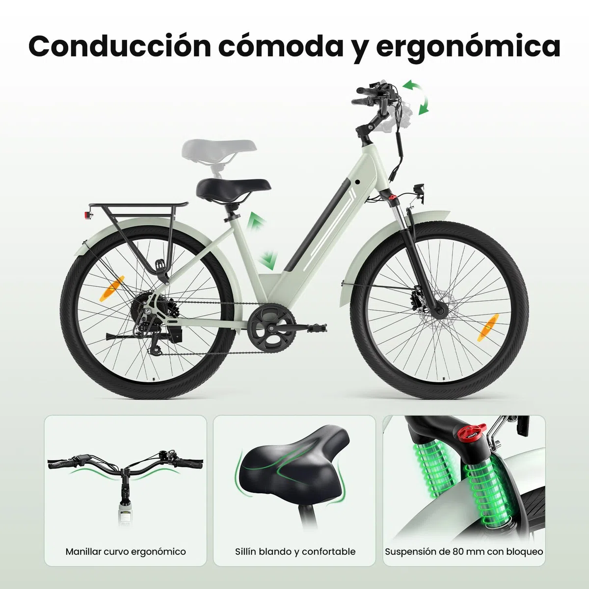 Bicicleta Eléctrica para Mujer 27,5", Motor 250W, Batería Extraíble 36V 15,6Ah hasta 100 km, Velocidad 25 km/h