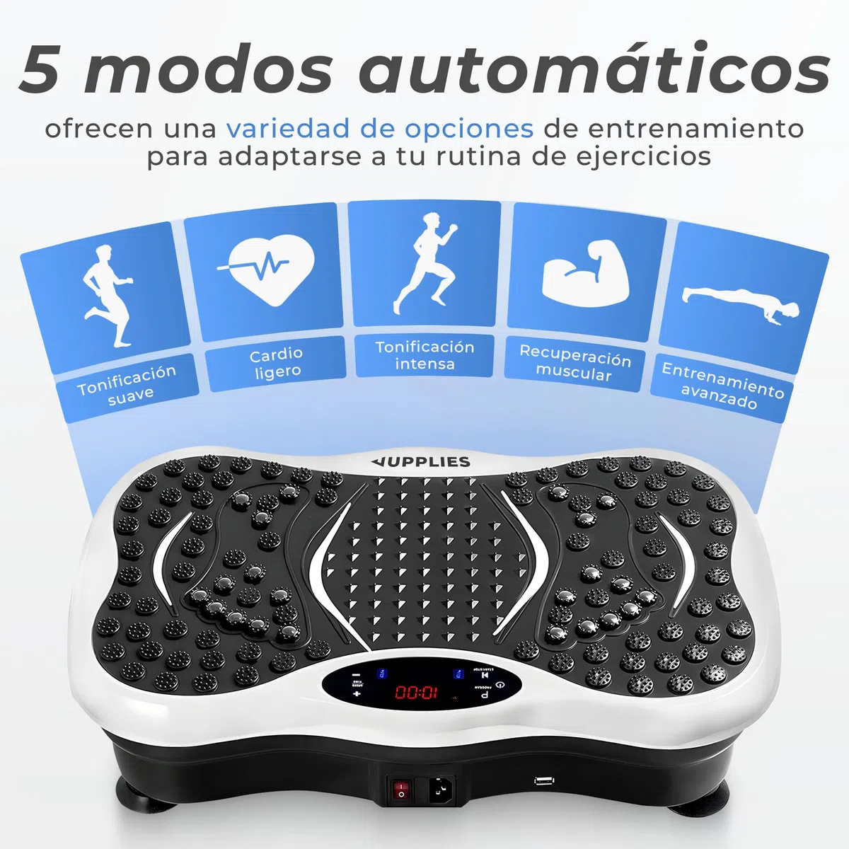 JUPPLIES Plataforma Vibratoria 200W - 5 Modos, 99 Velocidades, Bluetooth, Mando y 5 Bandas Elásticas - Plataforma Vibración Muscular para Adelgazar y Tonificar