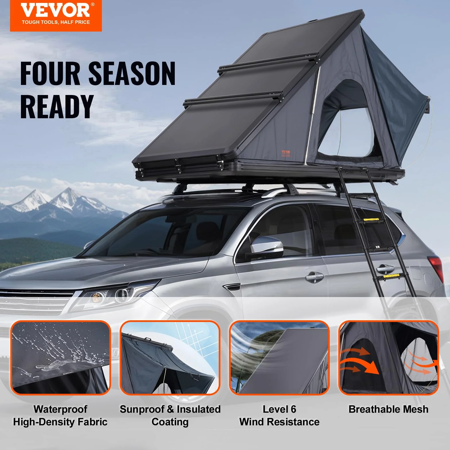 VEVOR Tienda de Techo Rígida para 2 o 3 Personas, con Escalera Telescópica y Colchón Grueso, Impermeable y Resistente al Viento para Camionetas Jeep, SUV y Furgonetas, 1460 x 2630 x 1290 mm, Negro
