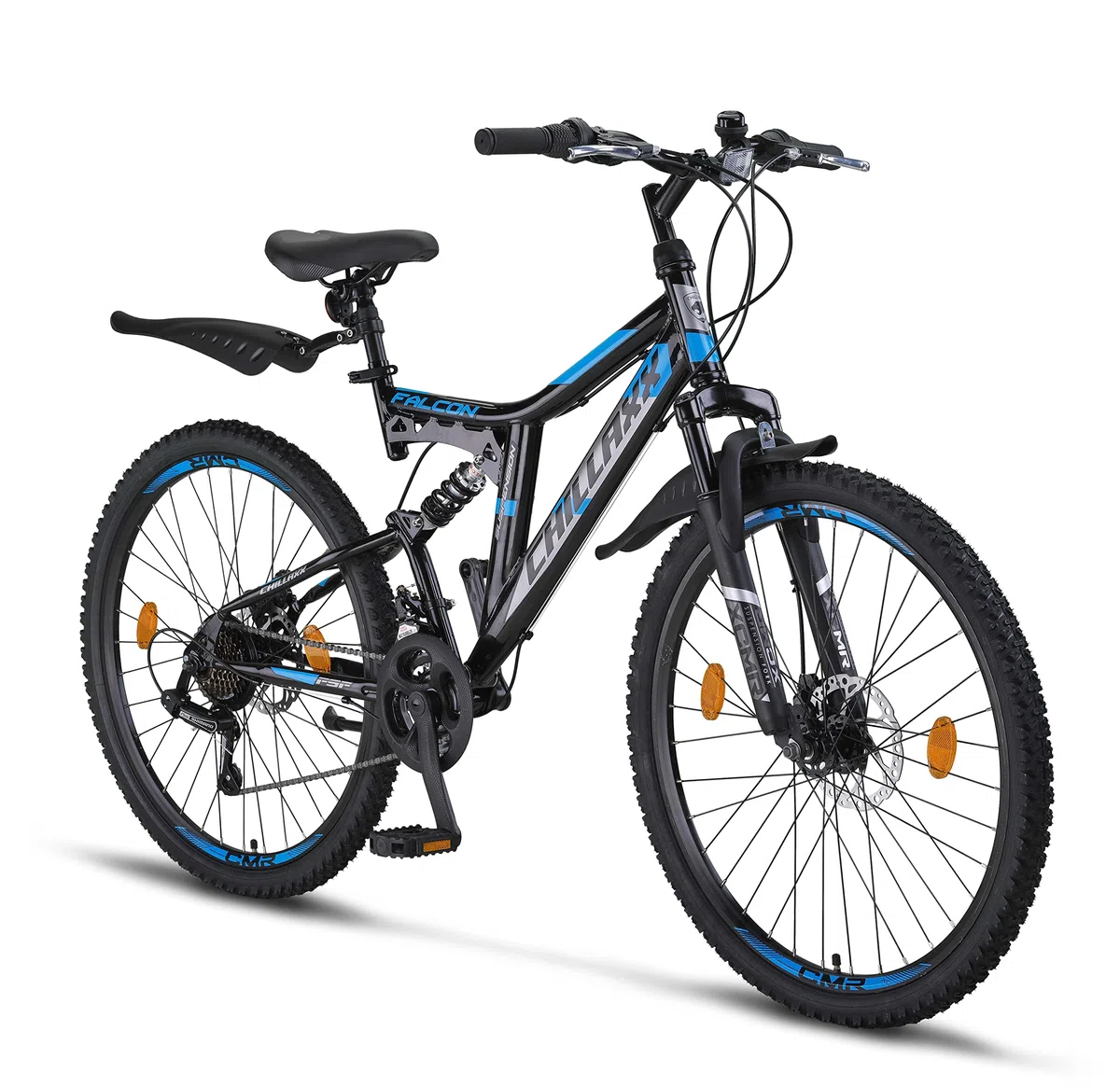 Chillaxx Bicicleta de montaña Falcon Premium de 24,26,27,5 y 29 pulgadas, bicicleta para niños, niñas, mujeres y hombres, freno de disco, cambio de 21 marchas, suspensión completa