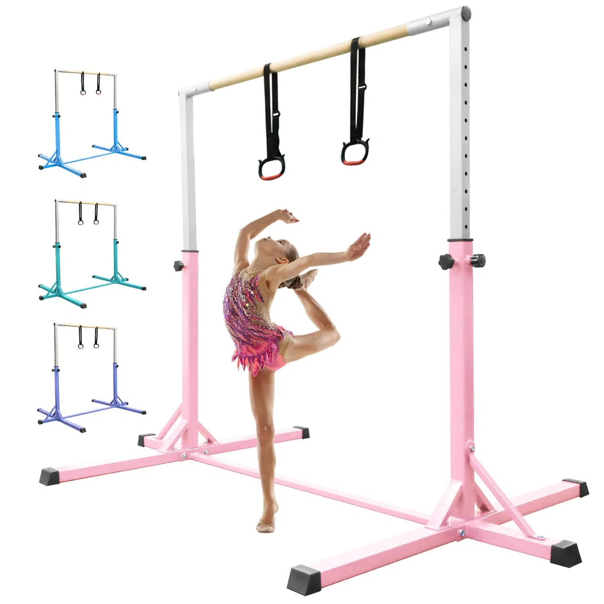 FBSPORT Barra de Gimnasia para Niños Barra Horizontal de Gimnasia con 13 Altura Ajustable de Barra de Entrenamiento con Anillos de Gimnasia Barra de Entrenamiento de Gimnasia expandible Junior Verde