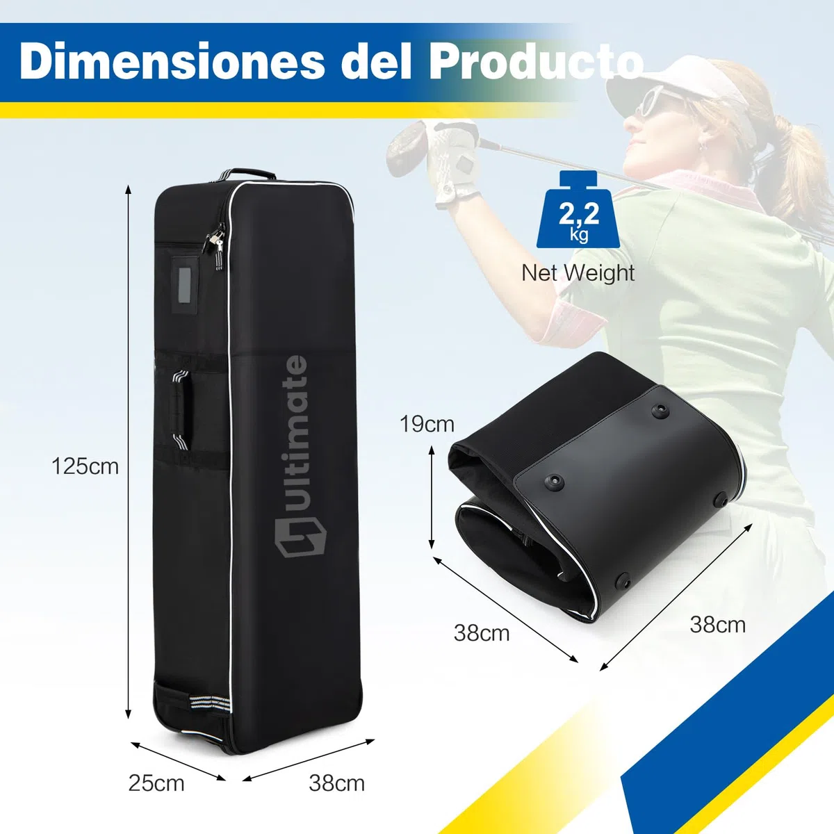 COSTWAY Bolsa de Viaje de Golf con Ruedas, Tejido Oxford Resistente con Tarjetero, Cremallera de 2 Vías y Cerradura, Funda de Viaje Plegable y Portátil para Palos de Golf con Asas