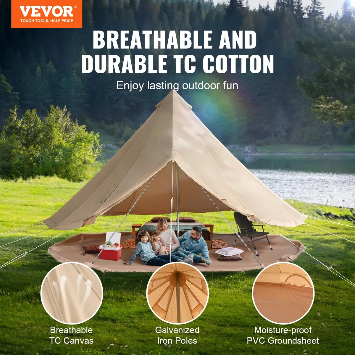 VEVOR Tienda de campaña de Lona para 4 Estaciones, Tienda de campaña de Lona para Acampar con Gato de Estufa, Tienda de campaña Transpirable con Capacidad para hastapersonas, Camping Familiar al