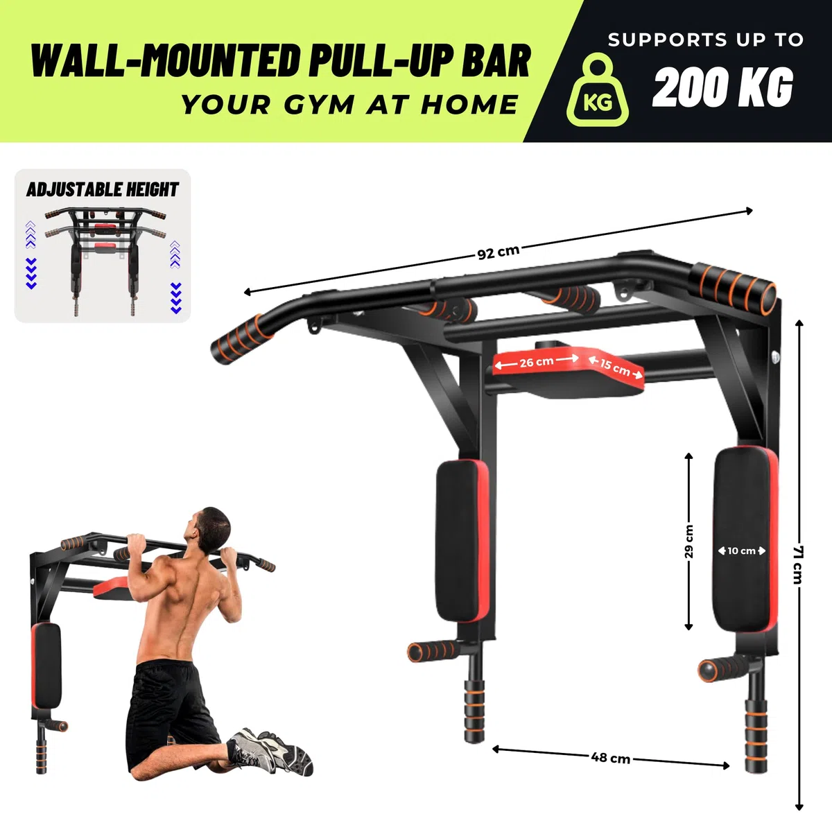 Barra de Dominadas Pared. Estación de Inmersión Multifuncional, Soporte con Múltiples Agarres Equipo Entrenamiento de Gimnasio en el Hogar, Soporta hasta 200 kg.