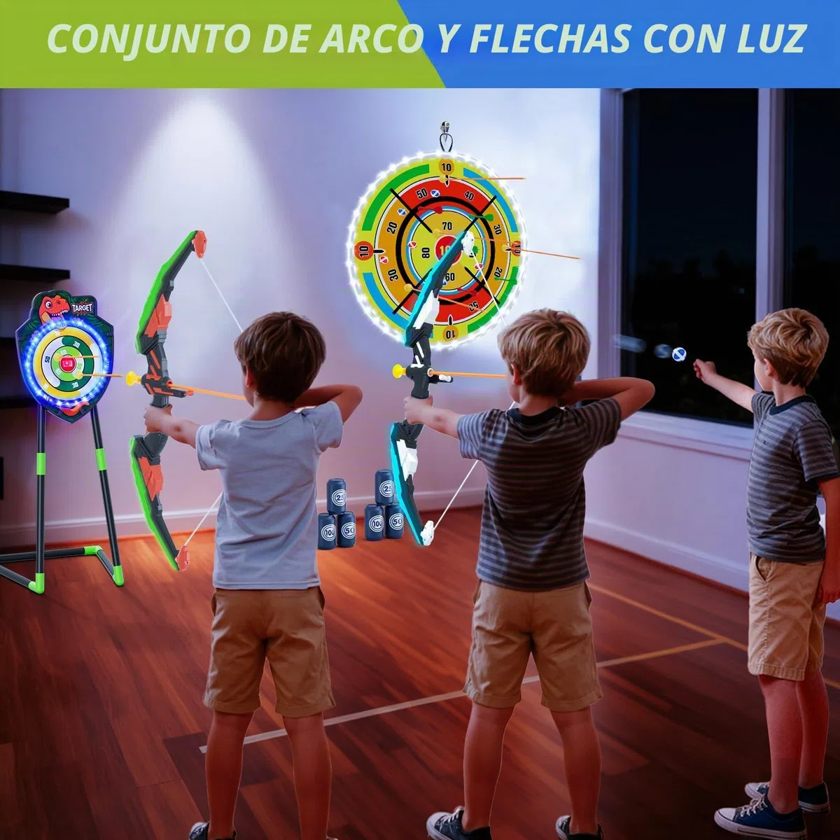 HYES 2 Pack Arco y Flechas con 29" Glow Dart Board, LED Iluminar el Dinosaurio Tiro con Arco con Flechas de Succión, Objetivo de Resplandor, Regalos Juguete para Niños Niñas Interior y Exterior