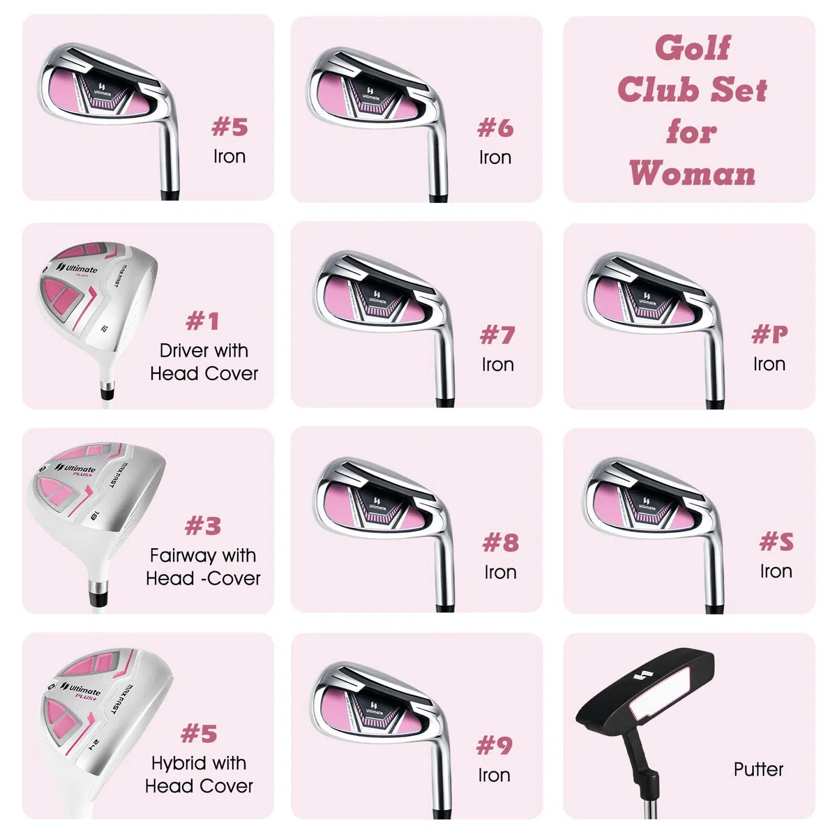 LIFEZEAL Juego Completo de Palos de Golf para Mujer, Incl. Driver #1, Fairway #3, híbrido #5, hierros #5#6#7#8#9#P #S, Putter y Bolsa de Golf portátil con Funda para la Lluvia, diestra