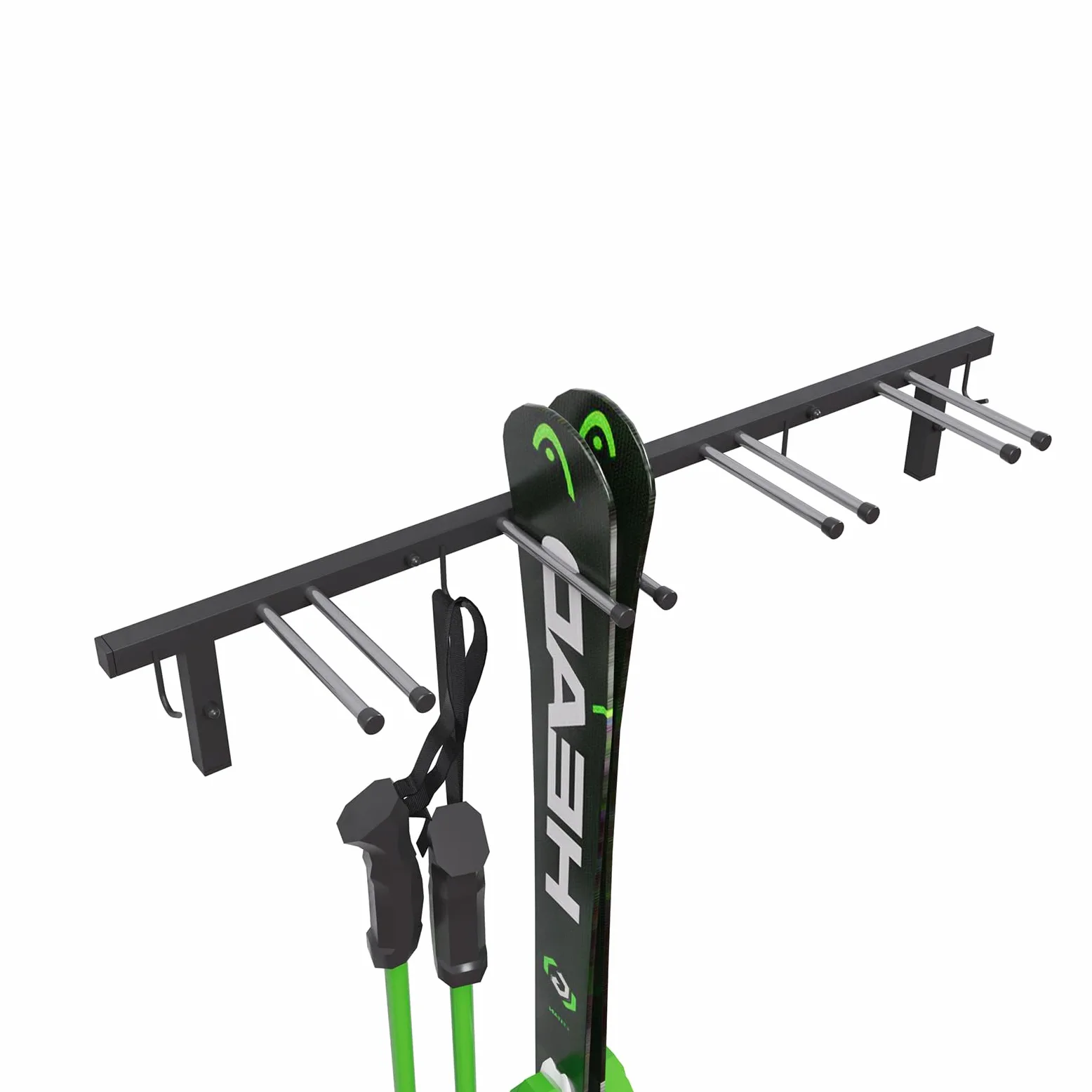 Soporte para esquís S3 de pared, para 4 pares, 83 cm, bastones de senderismo nórdico, barra de ganchos con goma protectora para ahorrar espacio