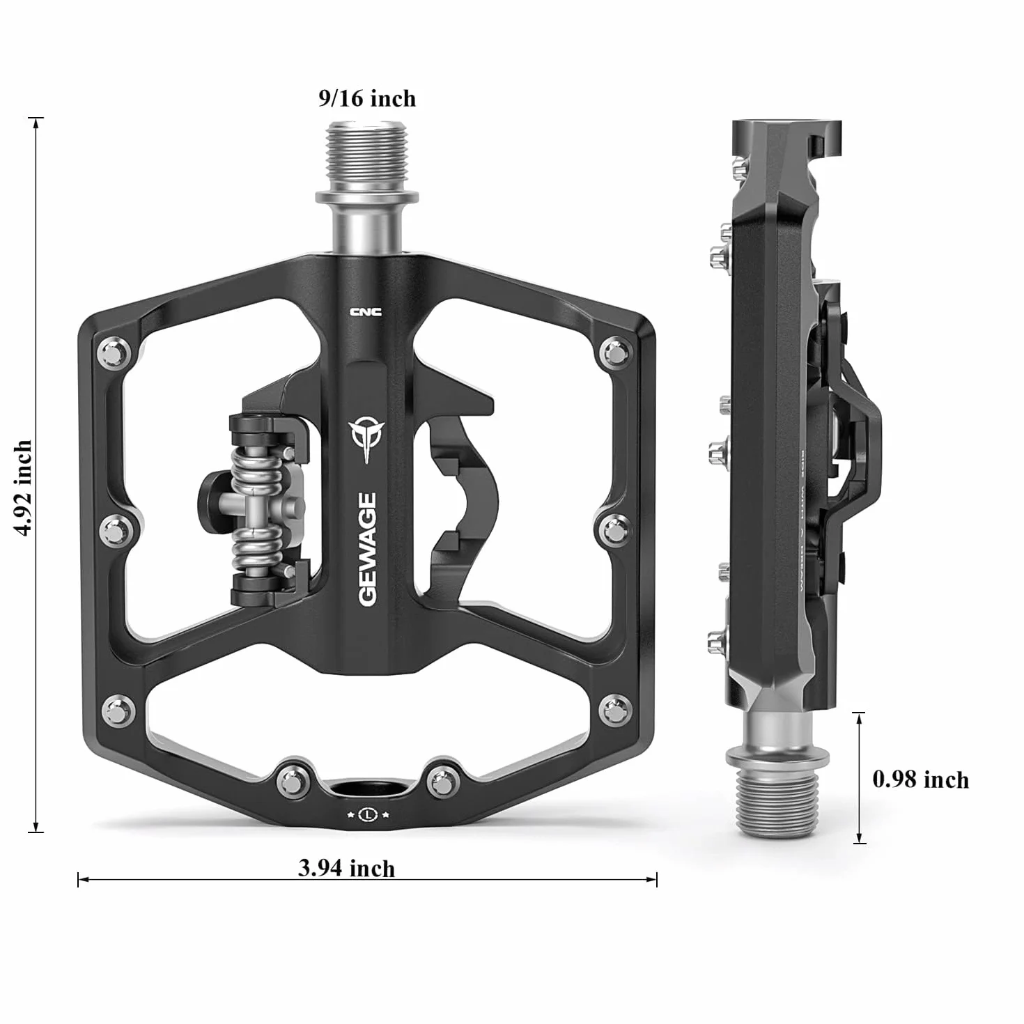 GEWAGE Pedales para Bicicleta de montaña - Pedales Planos para Bicicleta de Doble función y Pedales SPD - Pedales de Plataforma de 9/16" compatibles con SPD para Bicicleta BMX de montaña de Carretera